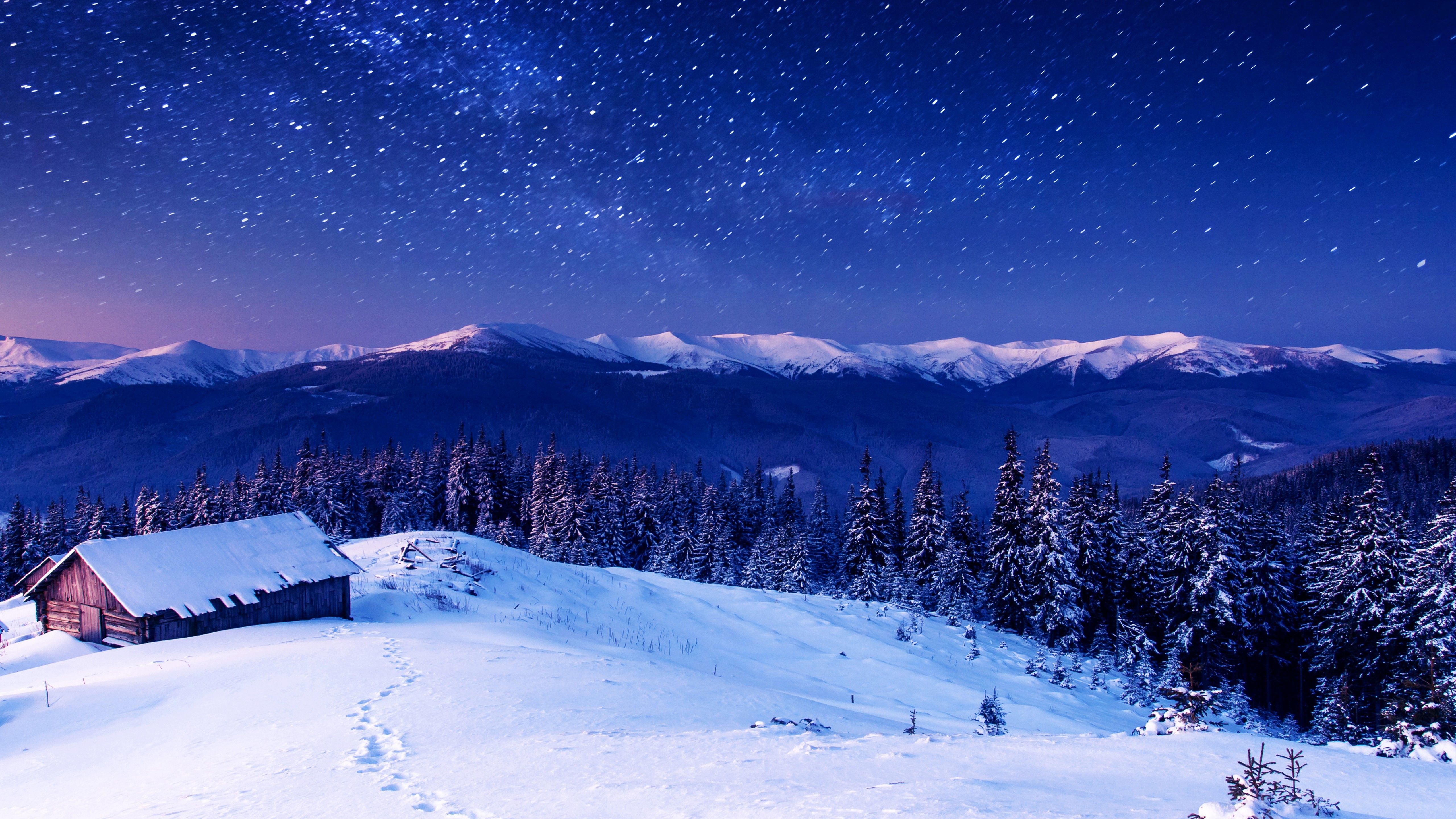 4K Starry Sky Above Snow Covered Mountains Wallpapers