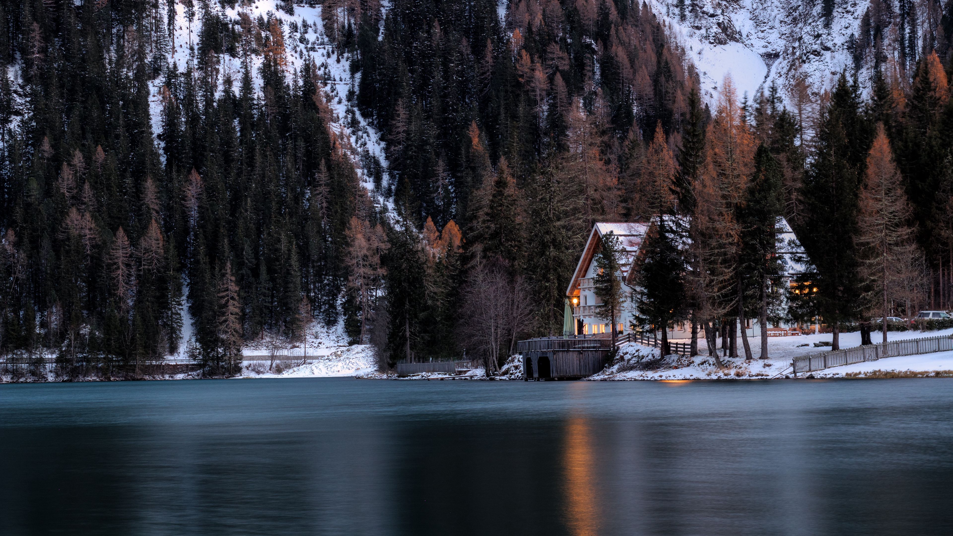 Forest House Covered In Snow 4K Wallpapers