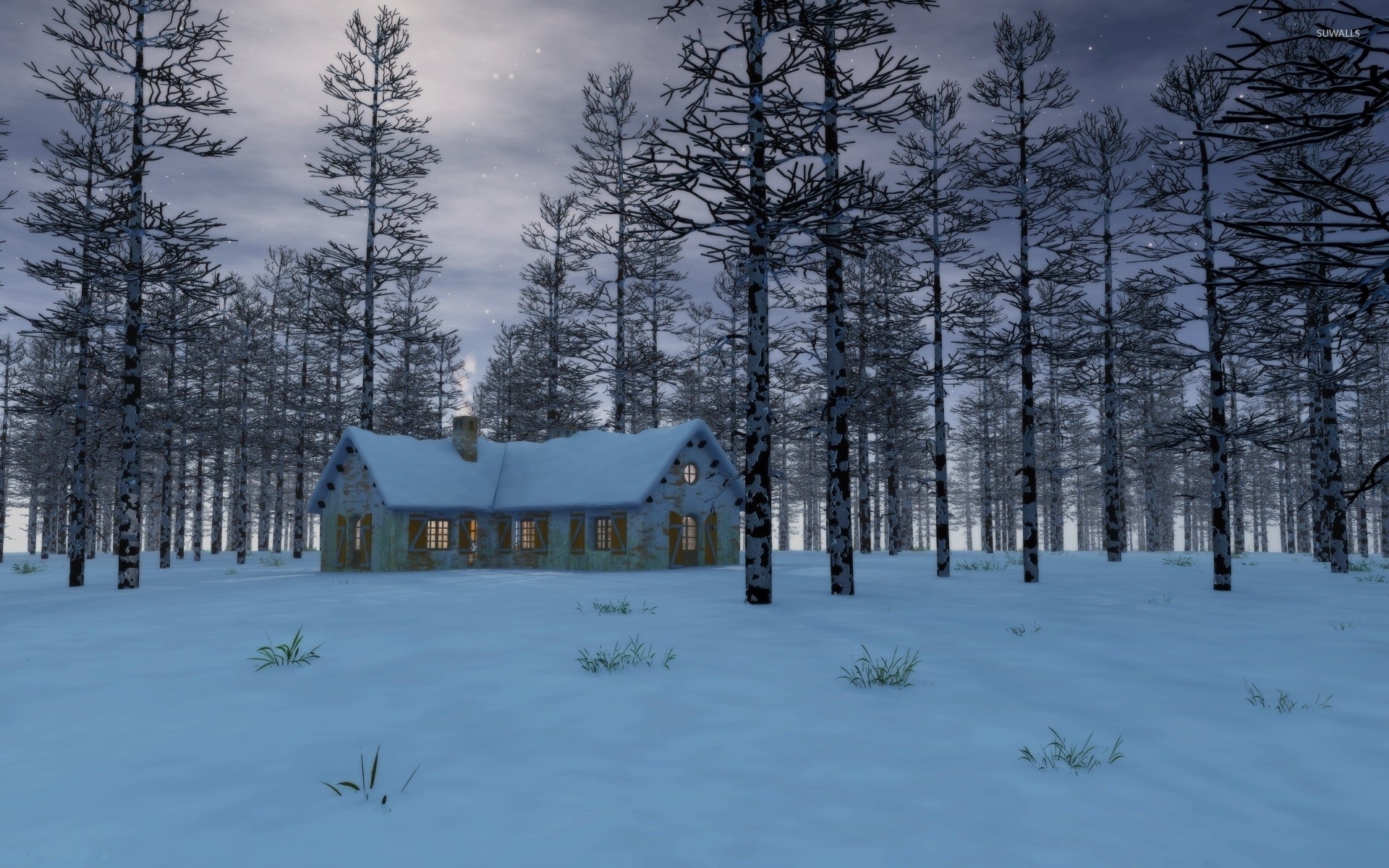 Forest House Covered In Snow 4K Wallpapers