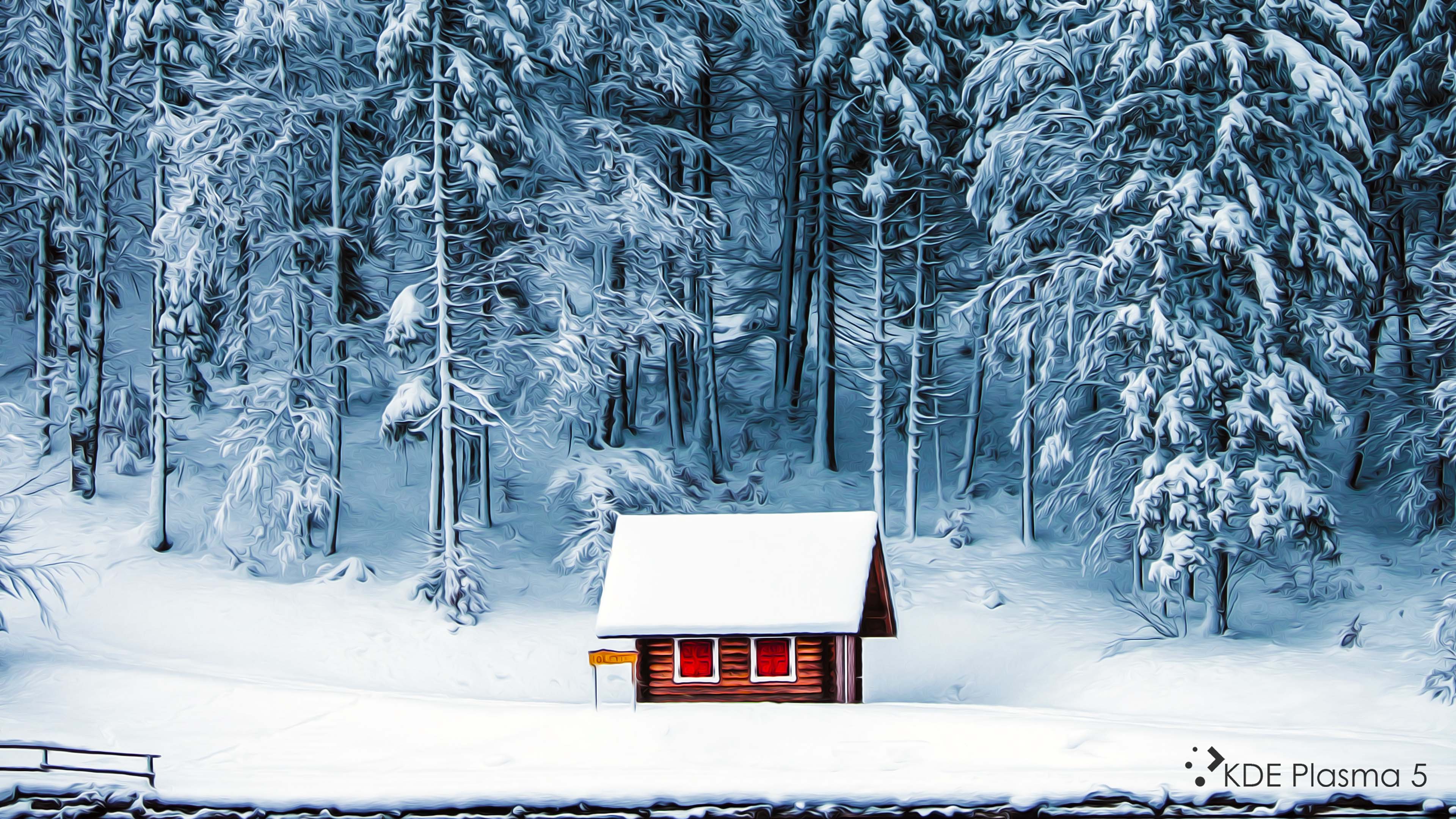 Forest House Covered In Snow 4K Wallpapers