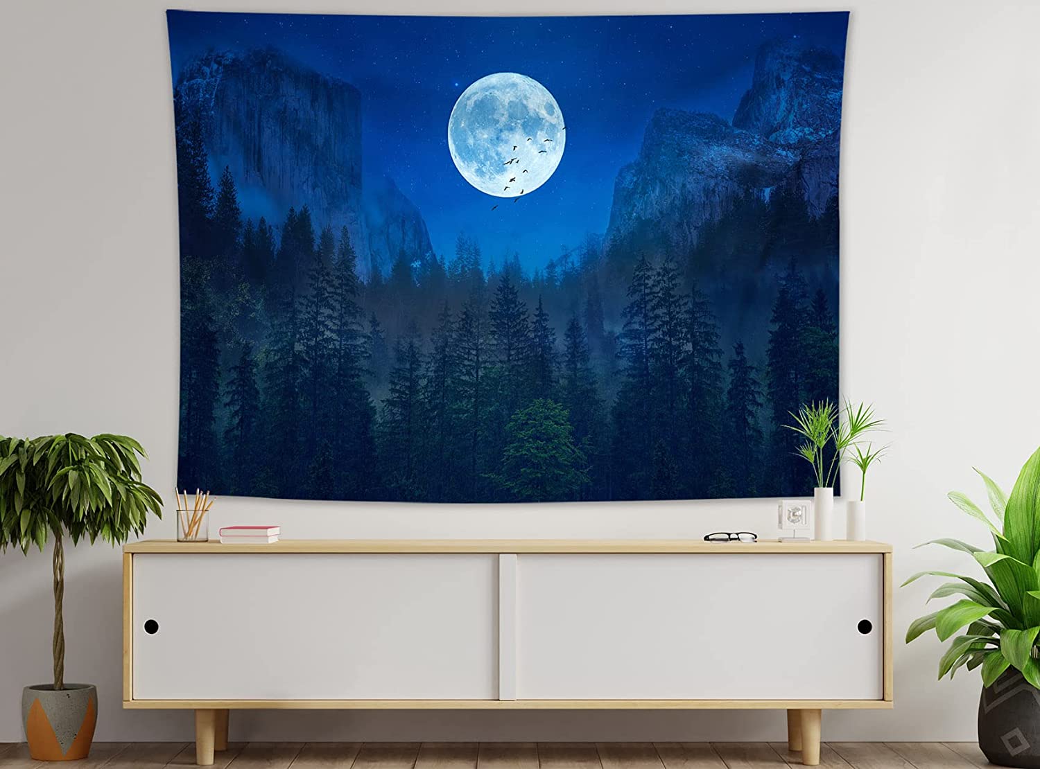 Full Moon Over Mountain On Starry Night Wallpapers