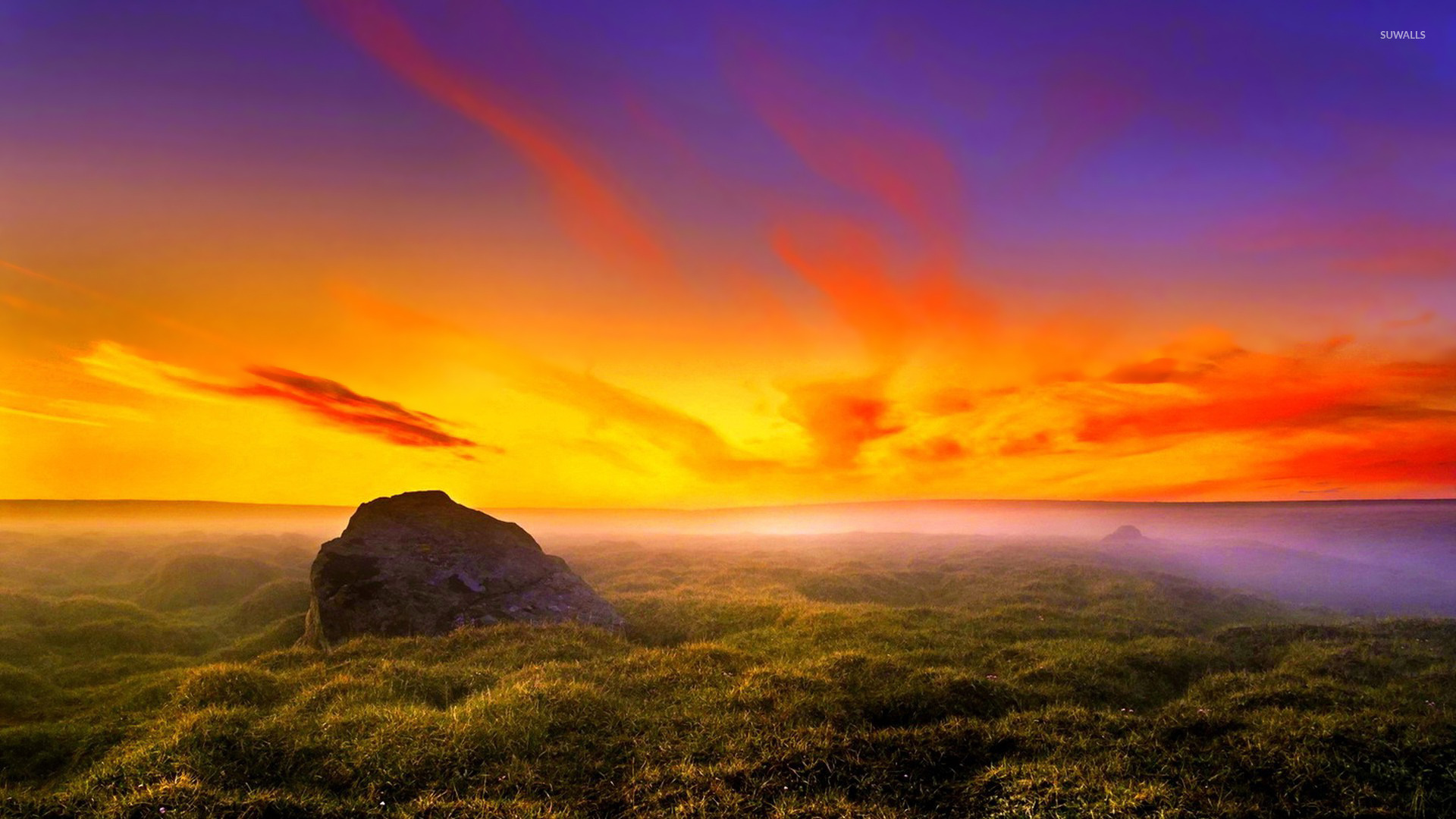 Green Grass And Fogg Under Purple Sky During Sunset Wallpapers