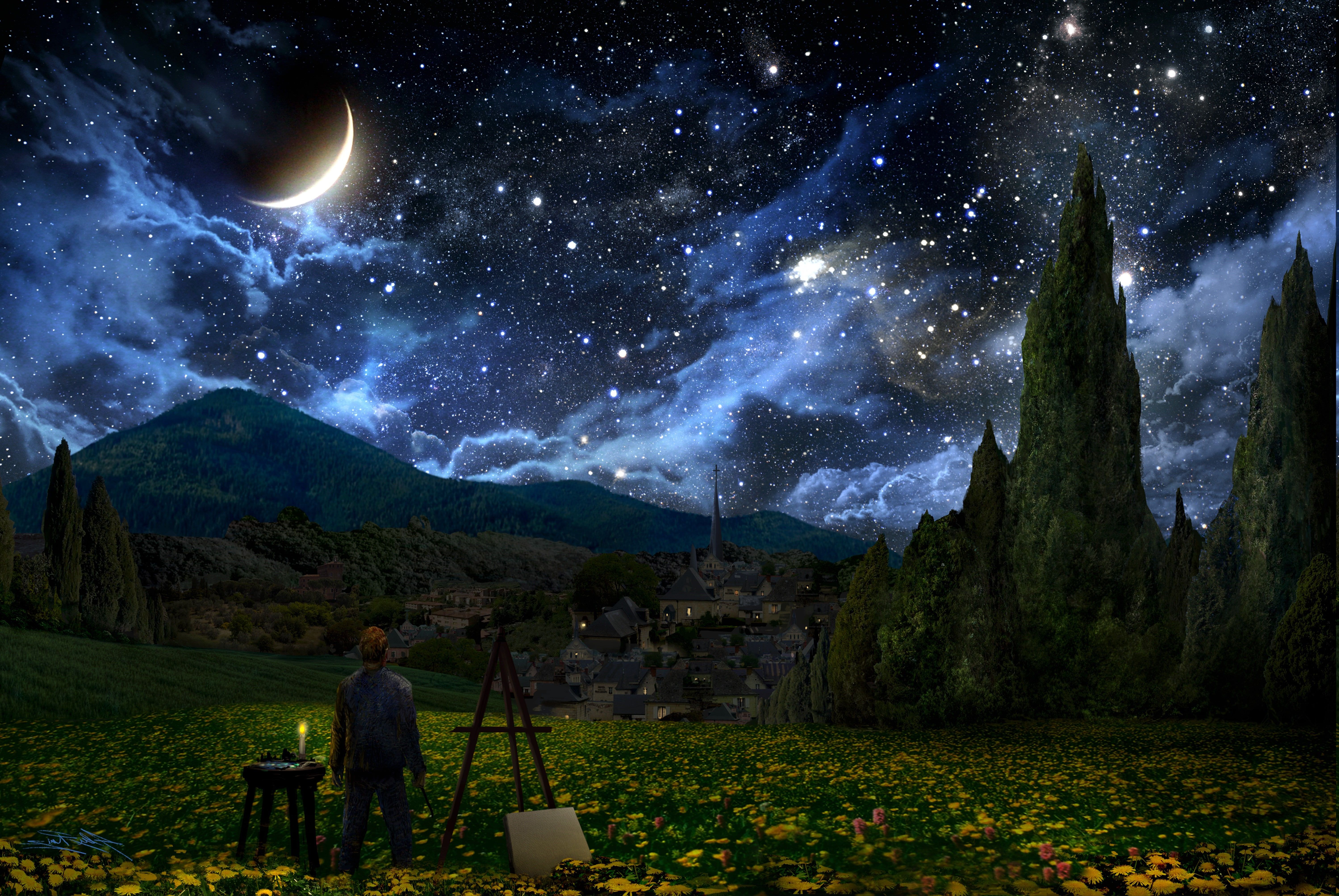 Half Moon Starry Night Wallpapers