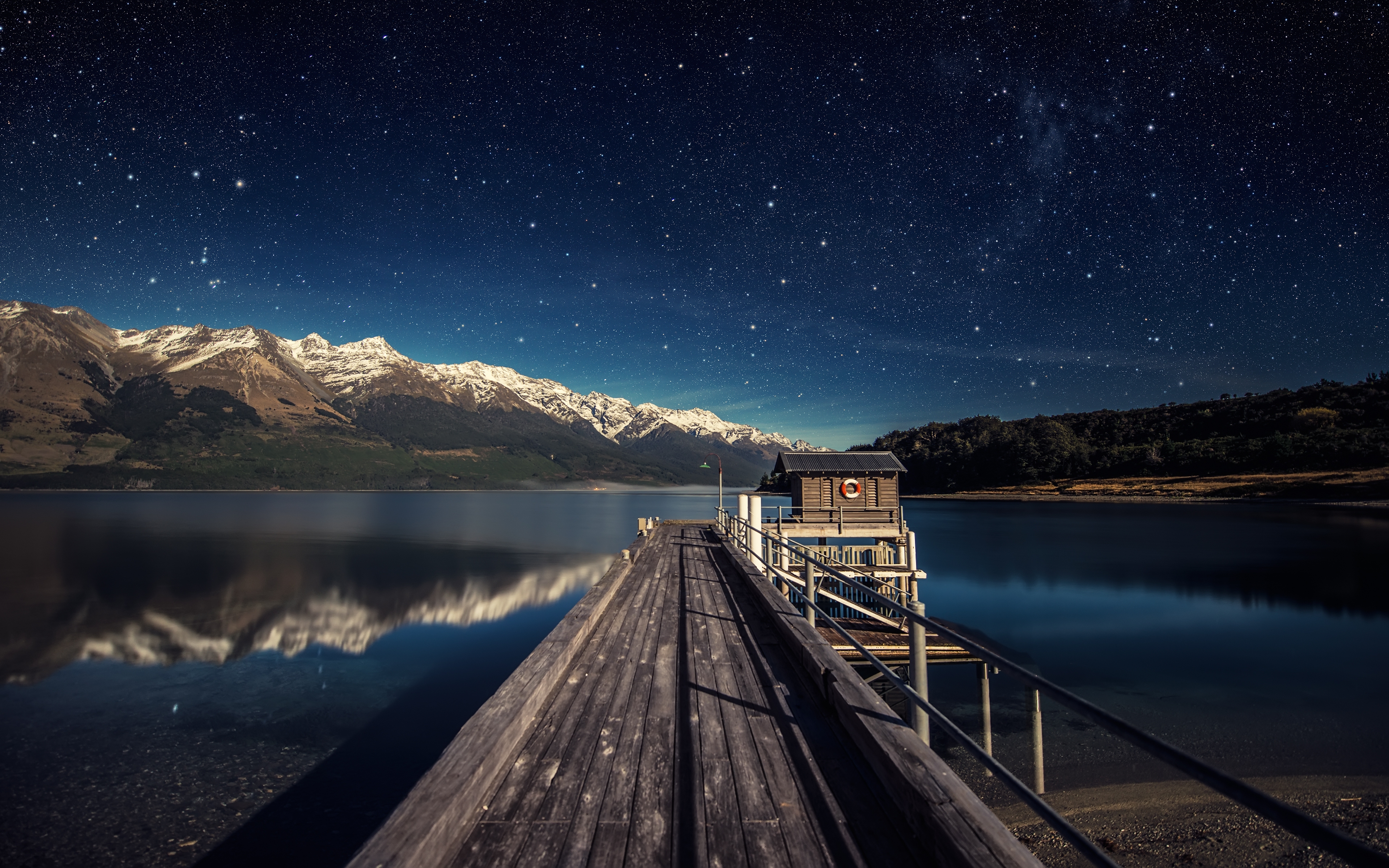 Houses At Lake Water Starry Night Wallpapers