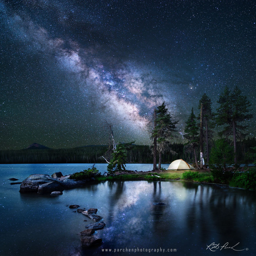 Houses At Lake Water Starry Night Wallpapers