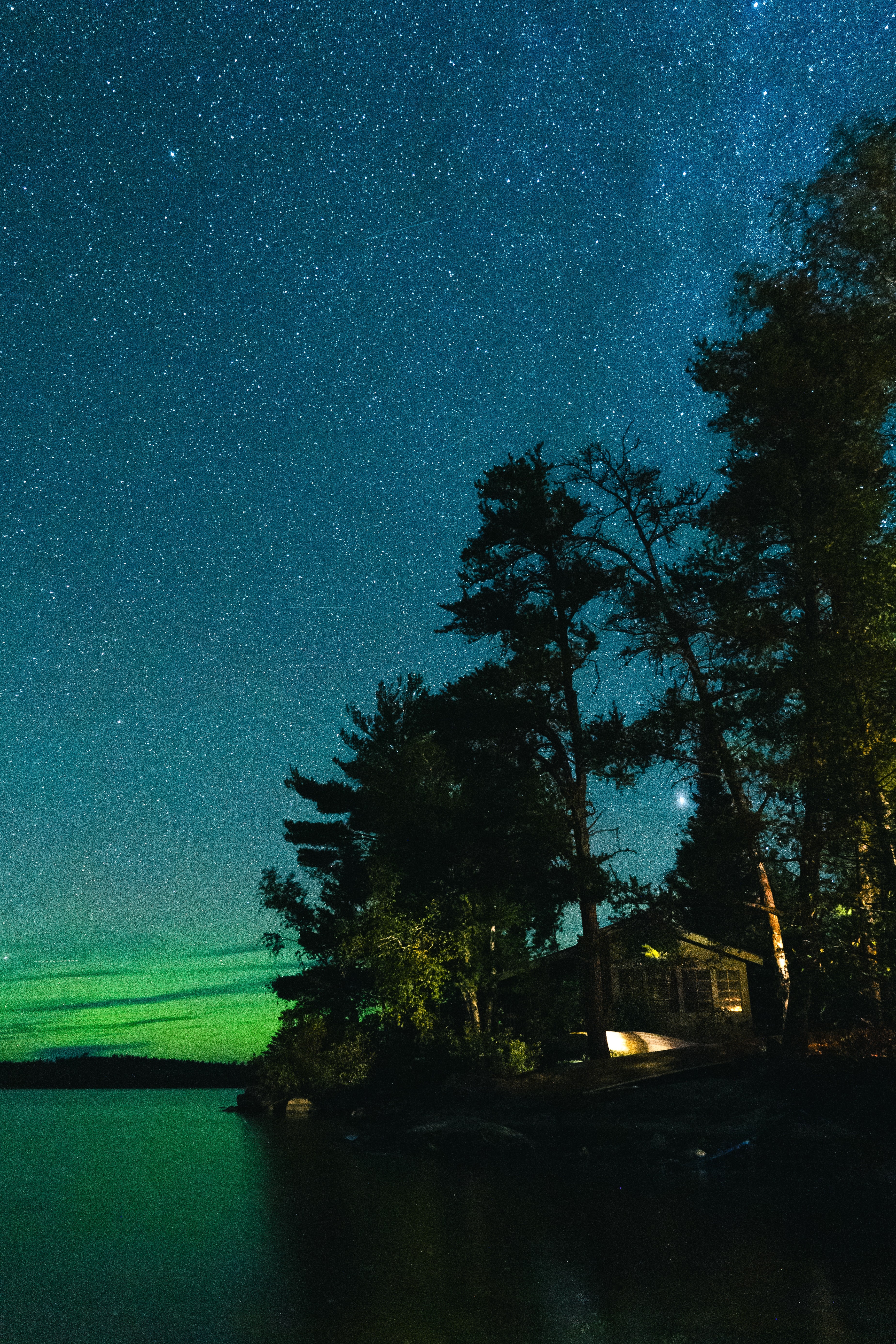 Houses At Lake Water Starry Night Wallpapers