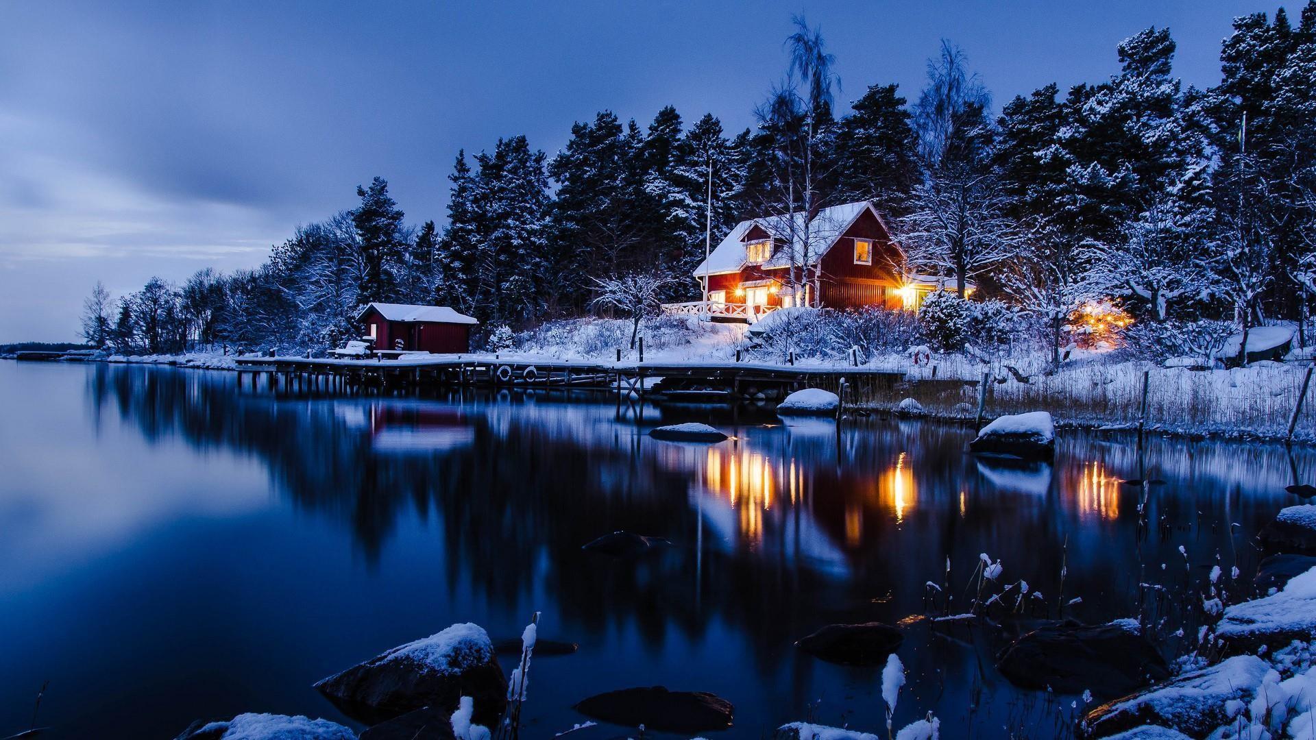 Hut House In Snowy Night Wallpapers