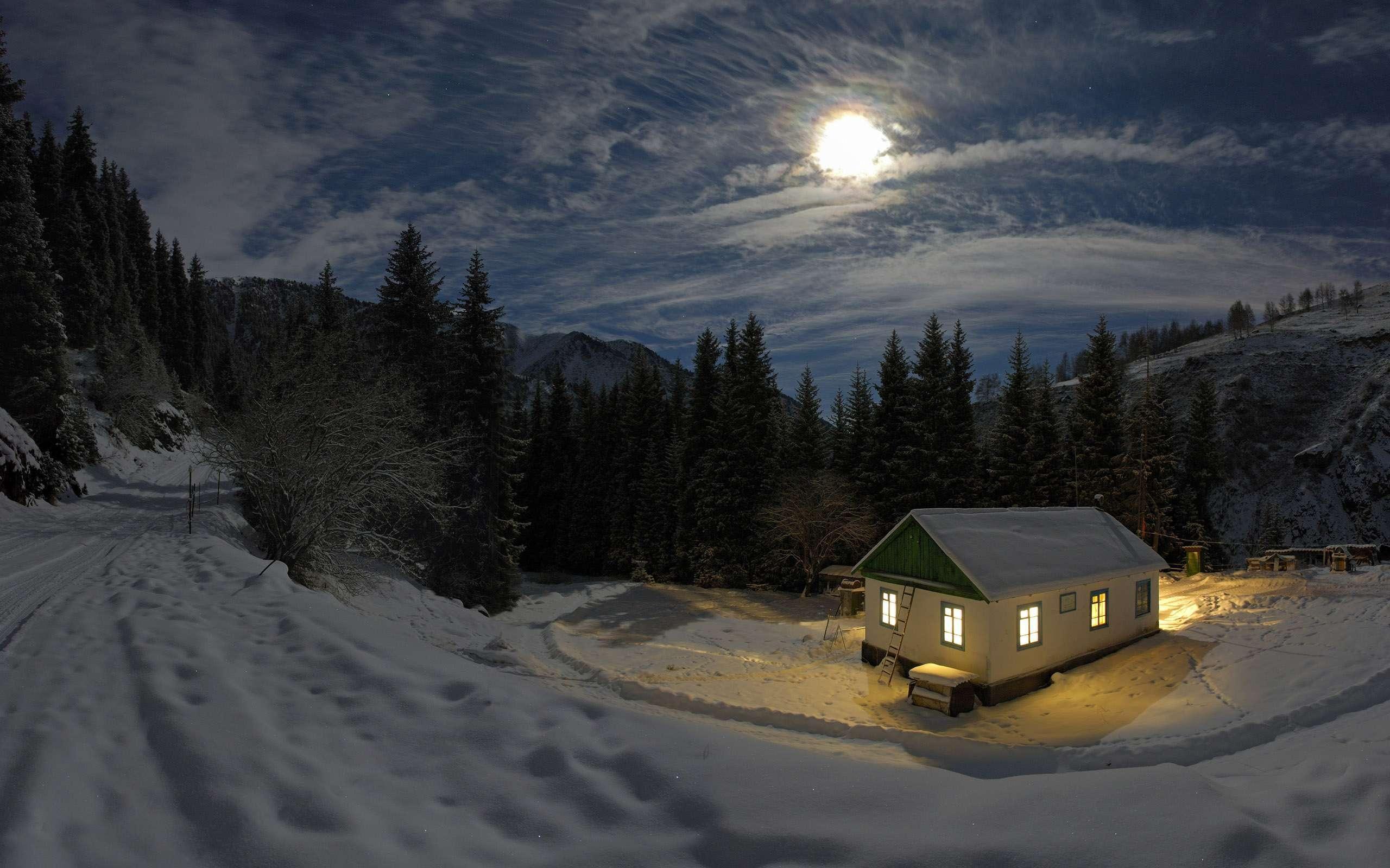 Hut House In Snowy Night Wallpapers