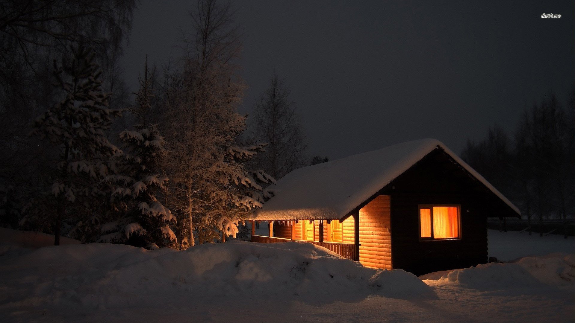 Hut House In Snowy Night Wallpapers