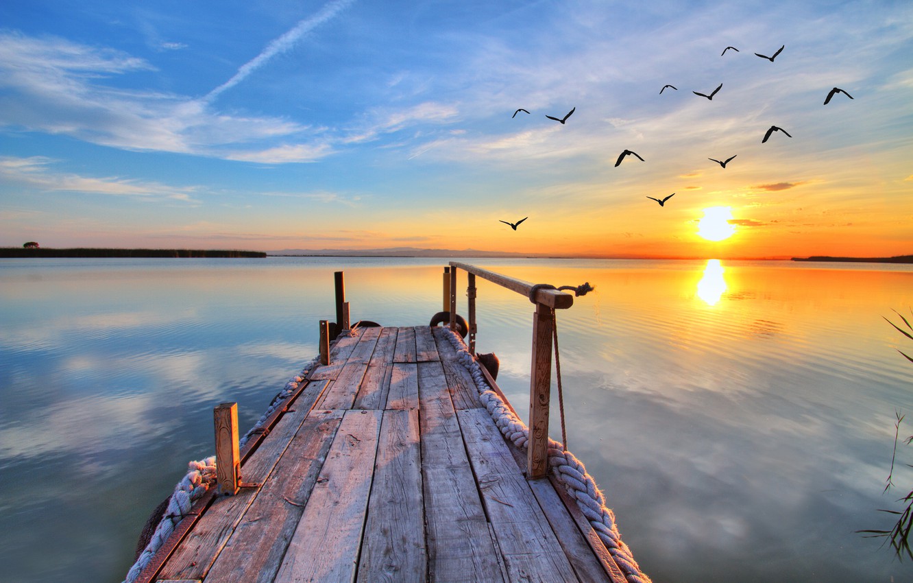 Lake Pier And Mountain Sunset Wallpapers