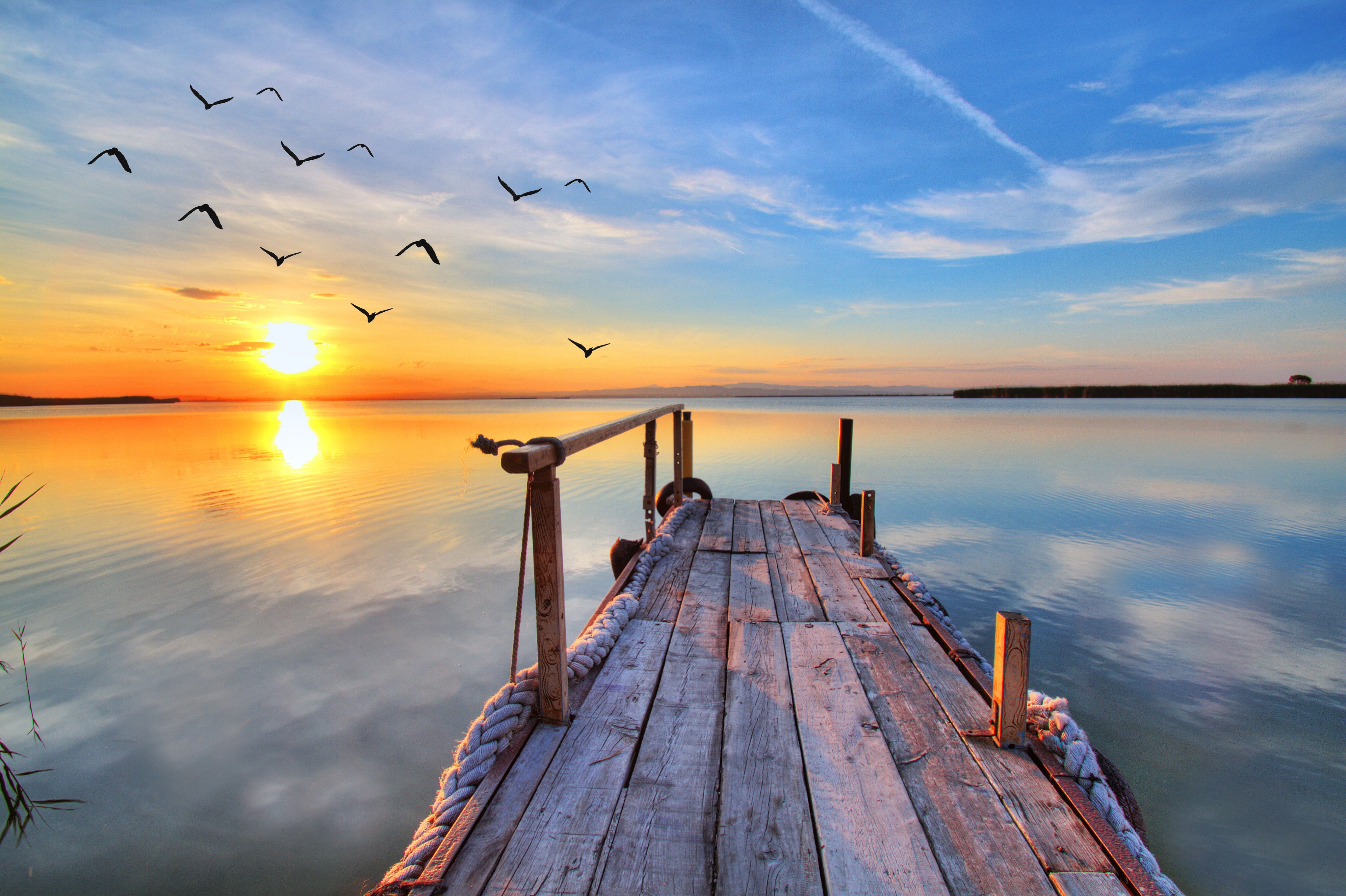 Lake Pier And Mountain Sunset Wallpapers