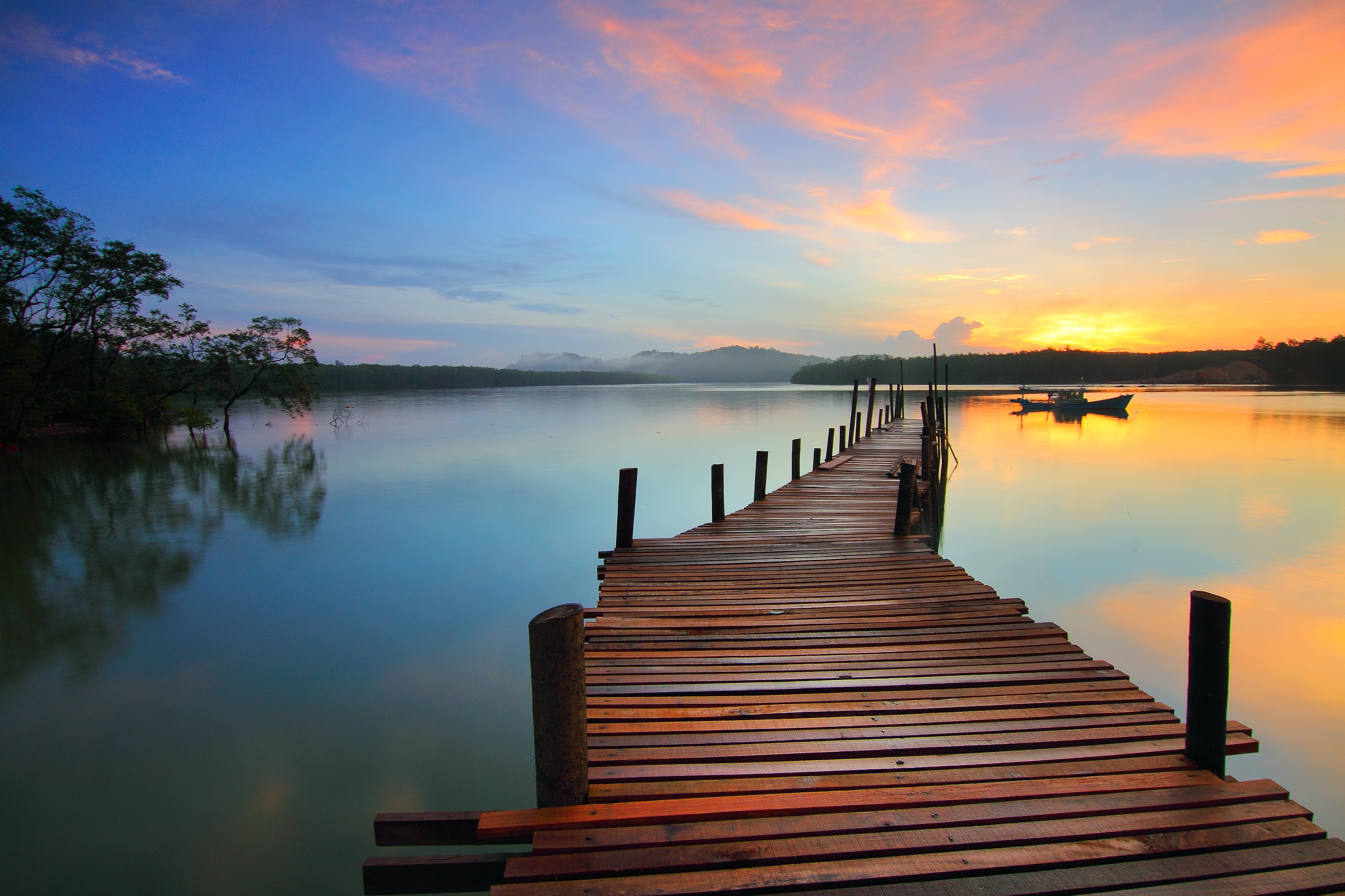 Lake Pier And Mountain Sunset Wallpapers