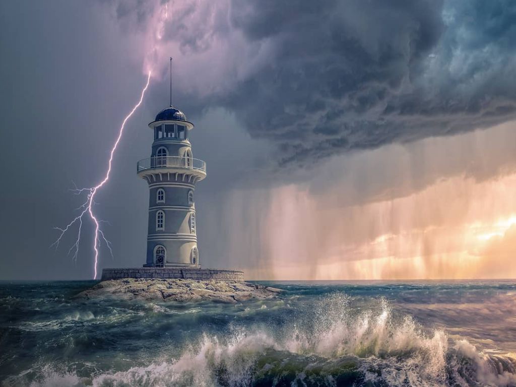 Lighthouse Lightning Sea Ocean Beach Weather Wallpapers