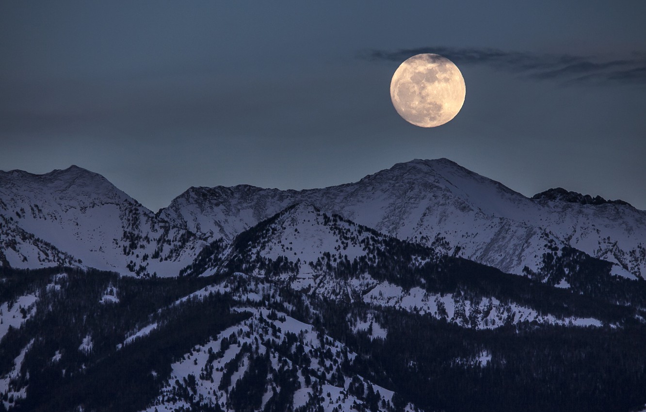 Moon At Pick Of Winter Mountains Wallpapers