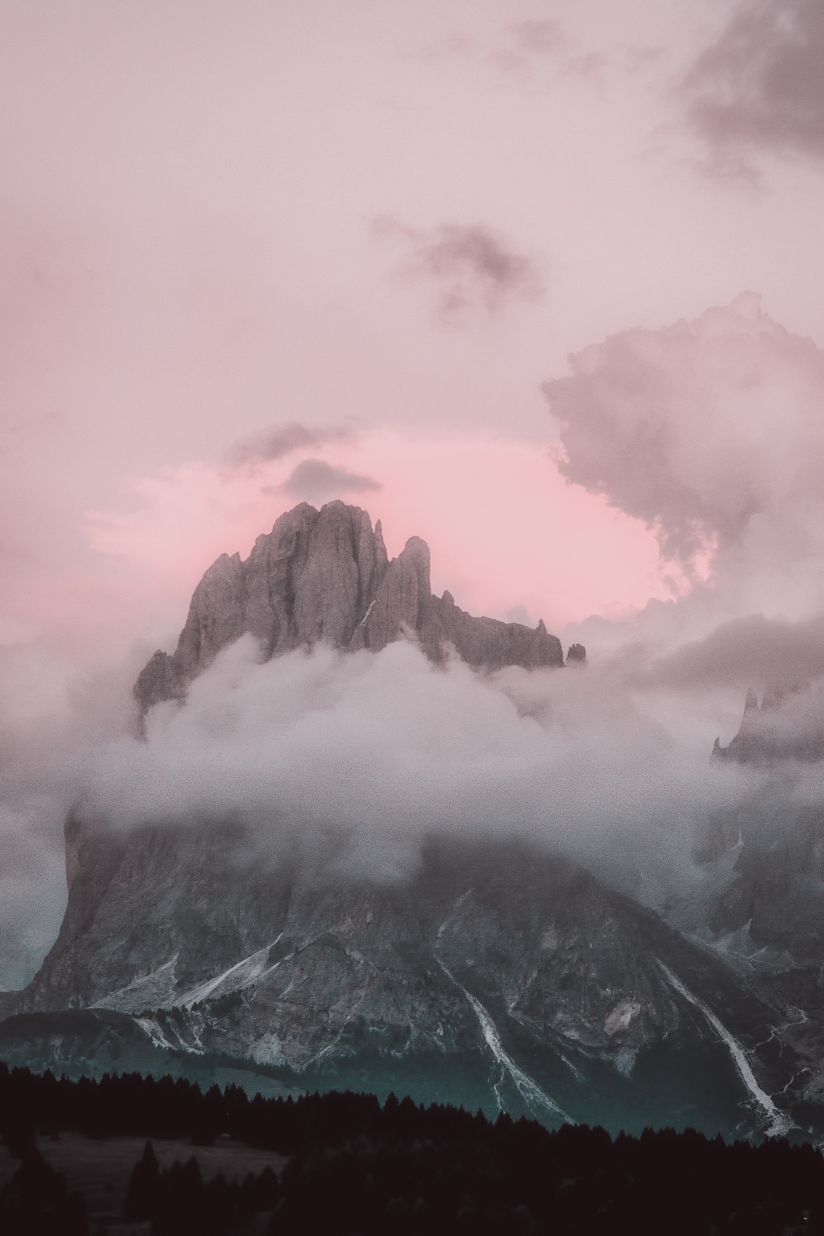 Mountain Peaks Fog  And Pink Clouds Wallpapers