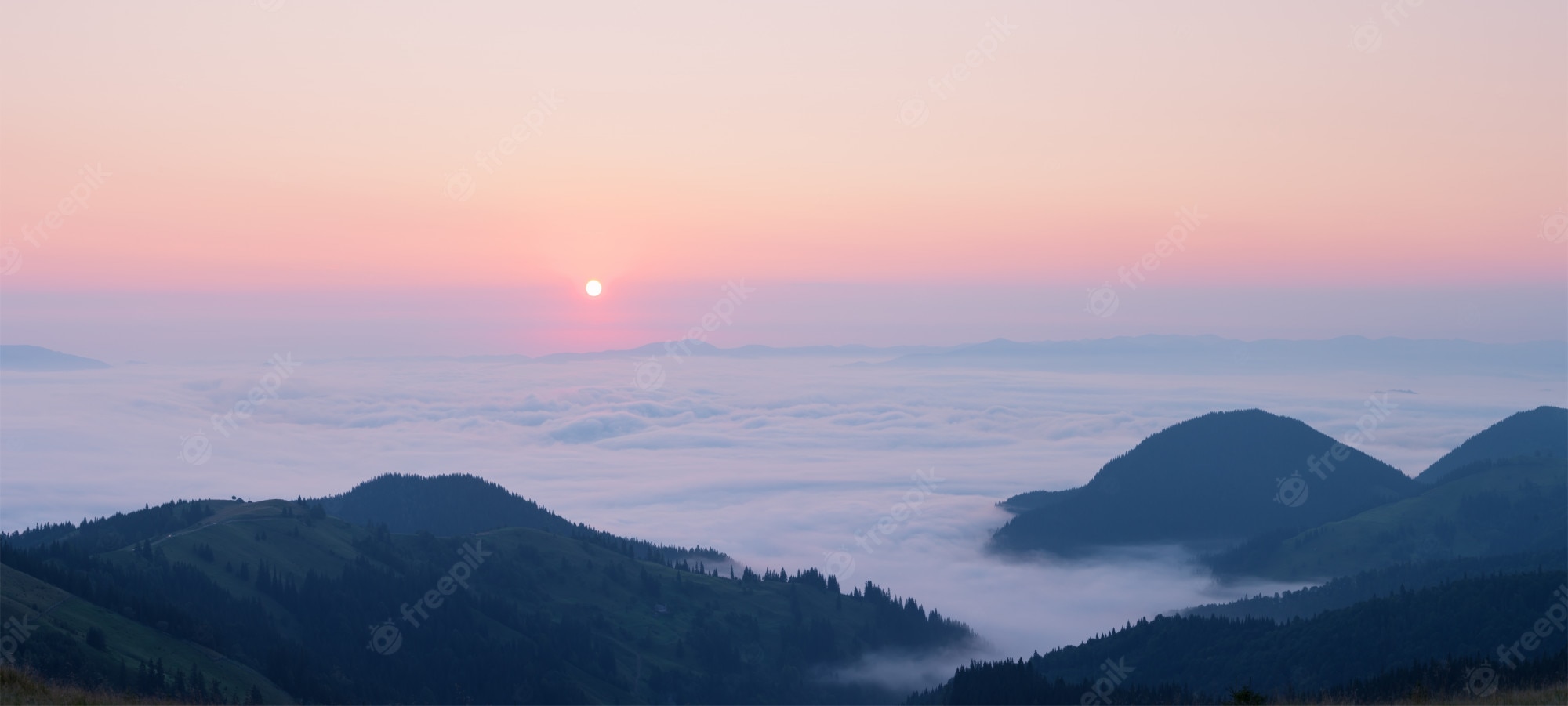 Mountain Peaks Fog  And Pink Clouds Wallpapers