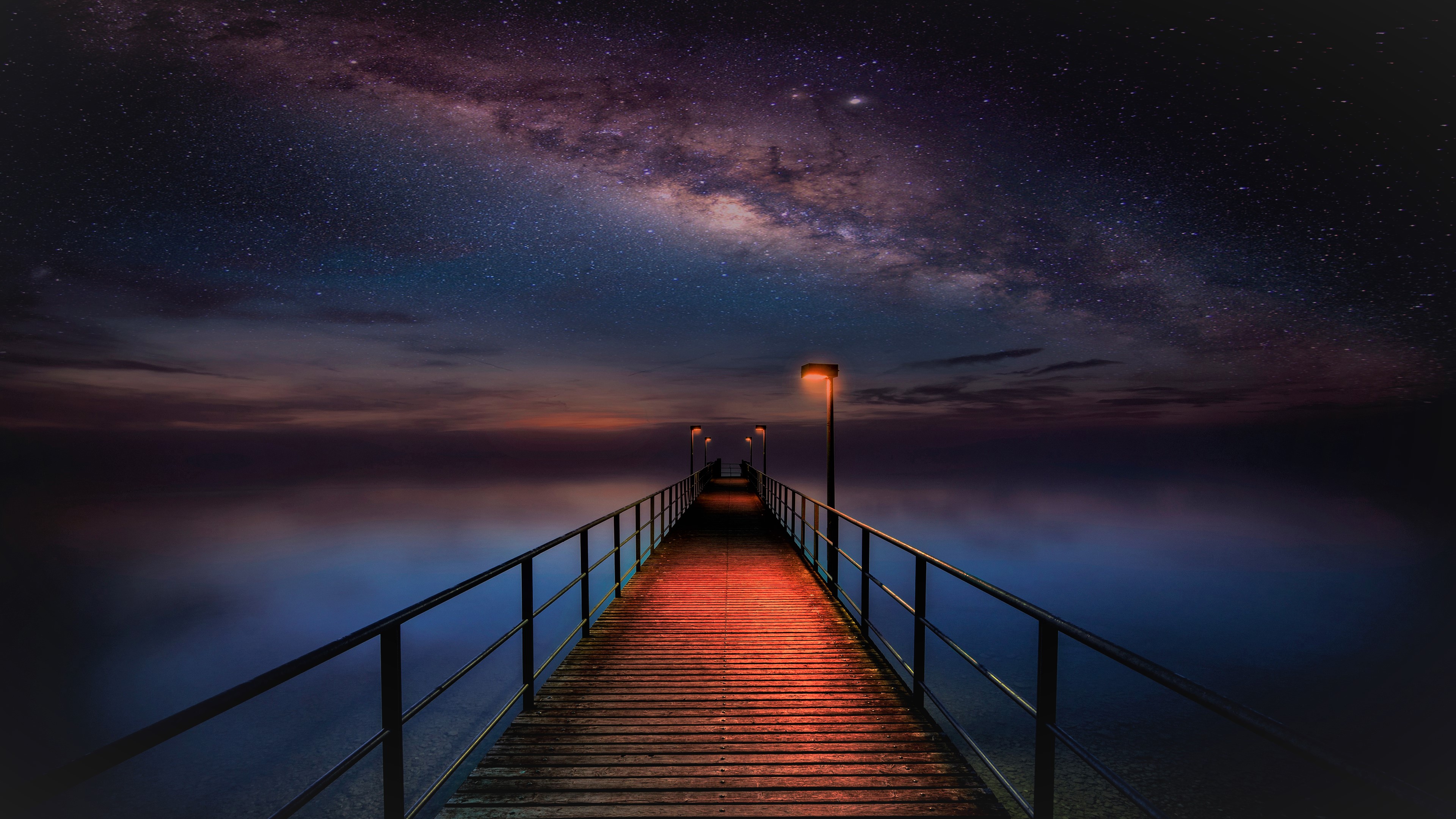 Ocean Pier Under Milky Way Sky Wallpapers