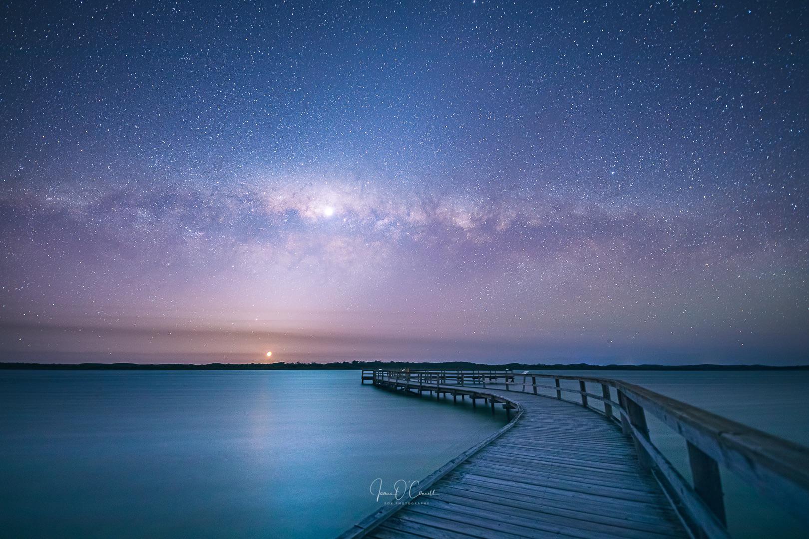 Ocean Pier Under Milky Way Sky Wallpapers