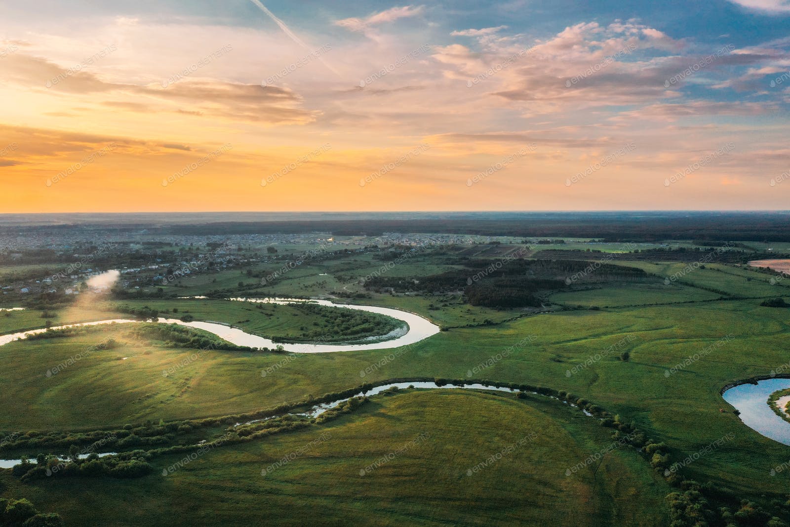 River And Forest Sunset Drone View Wallpapers