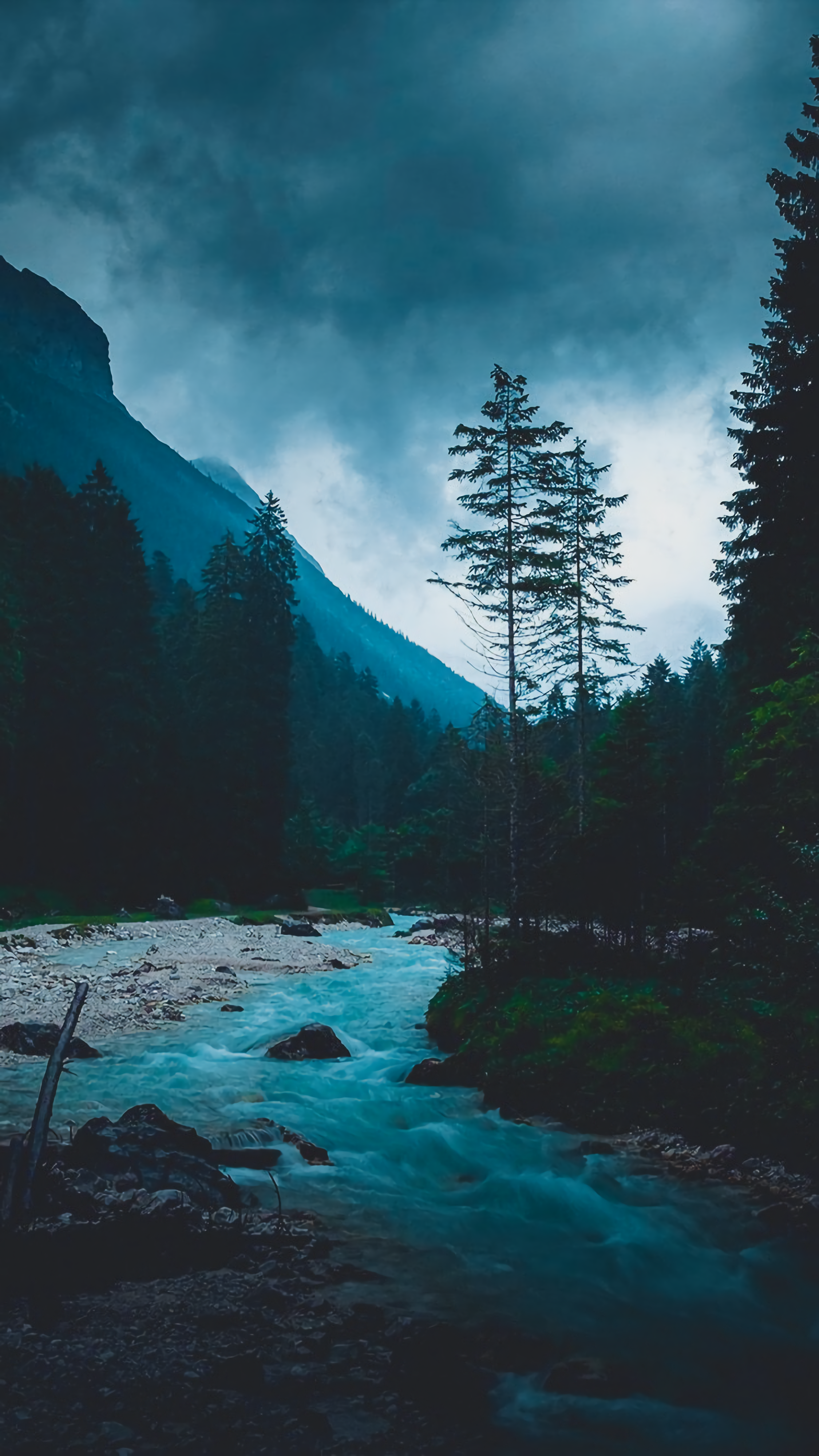 River Near Mountains In Night View Wallpapers