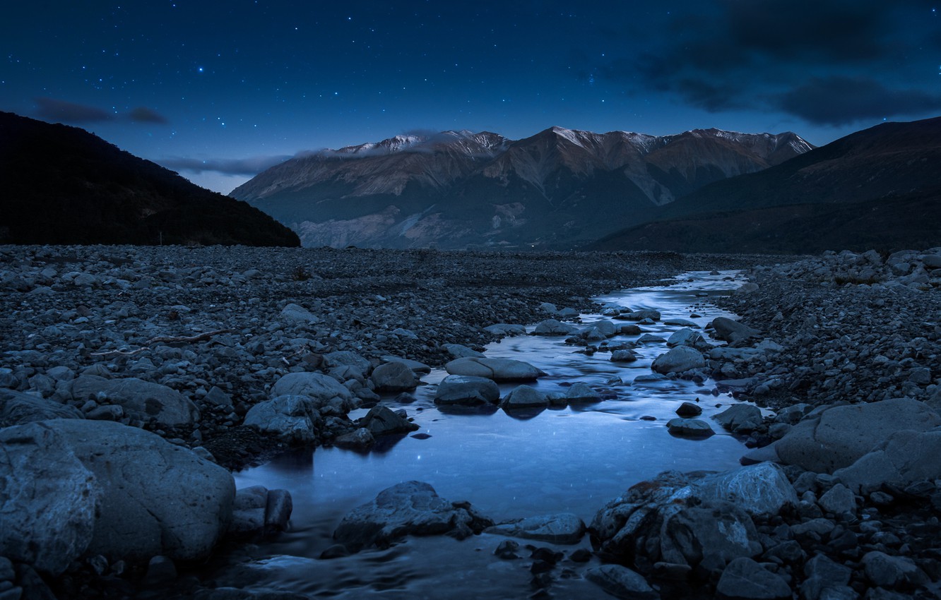 River Near Mountains In Night View Wallpapers