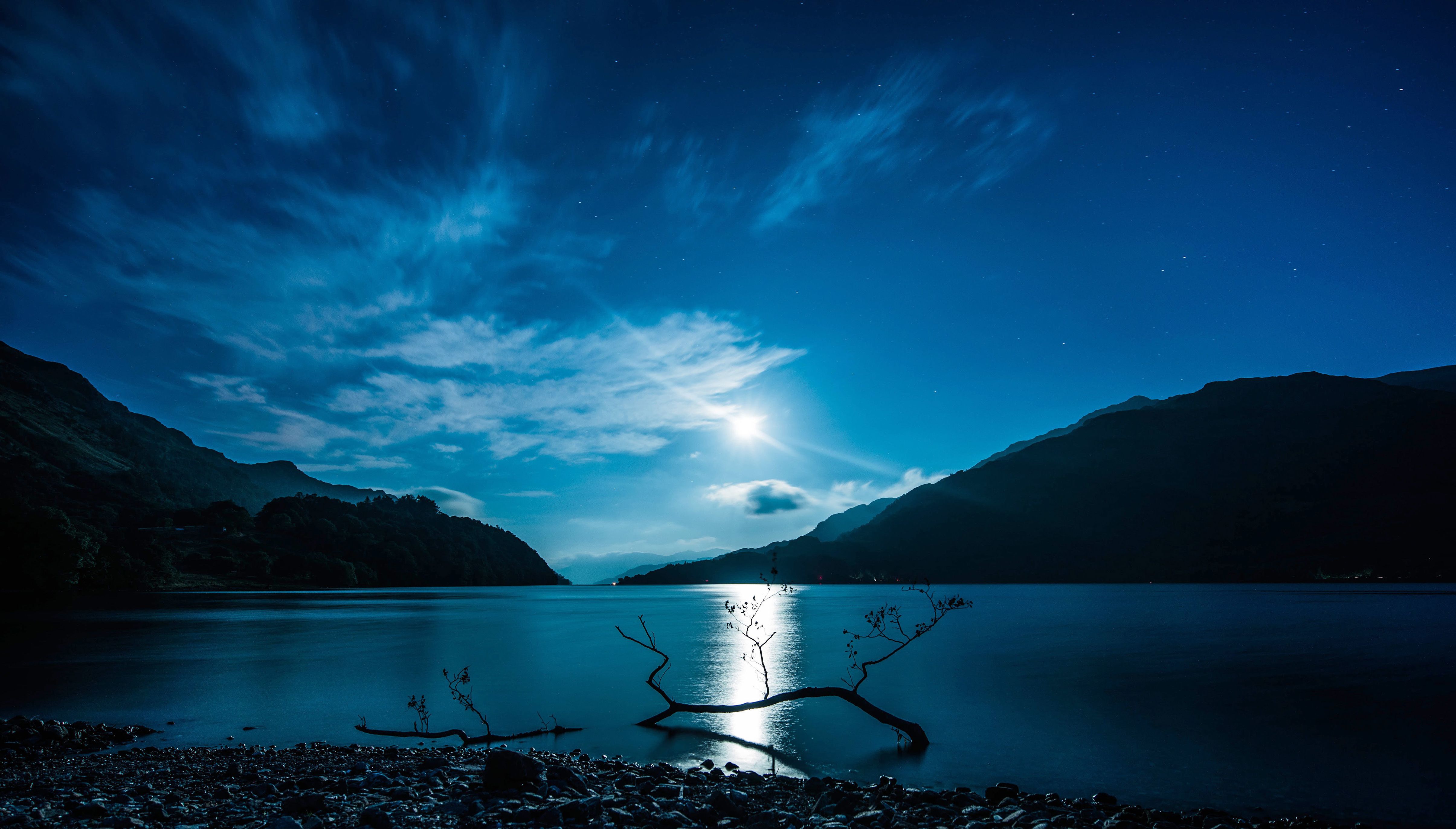 River Near Mountains In Night View Wallpapers