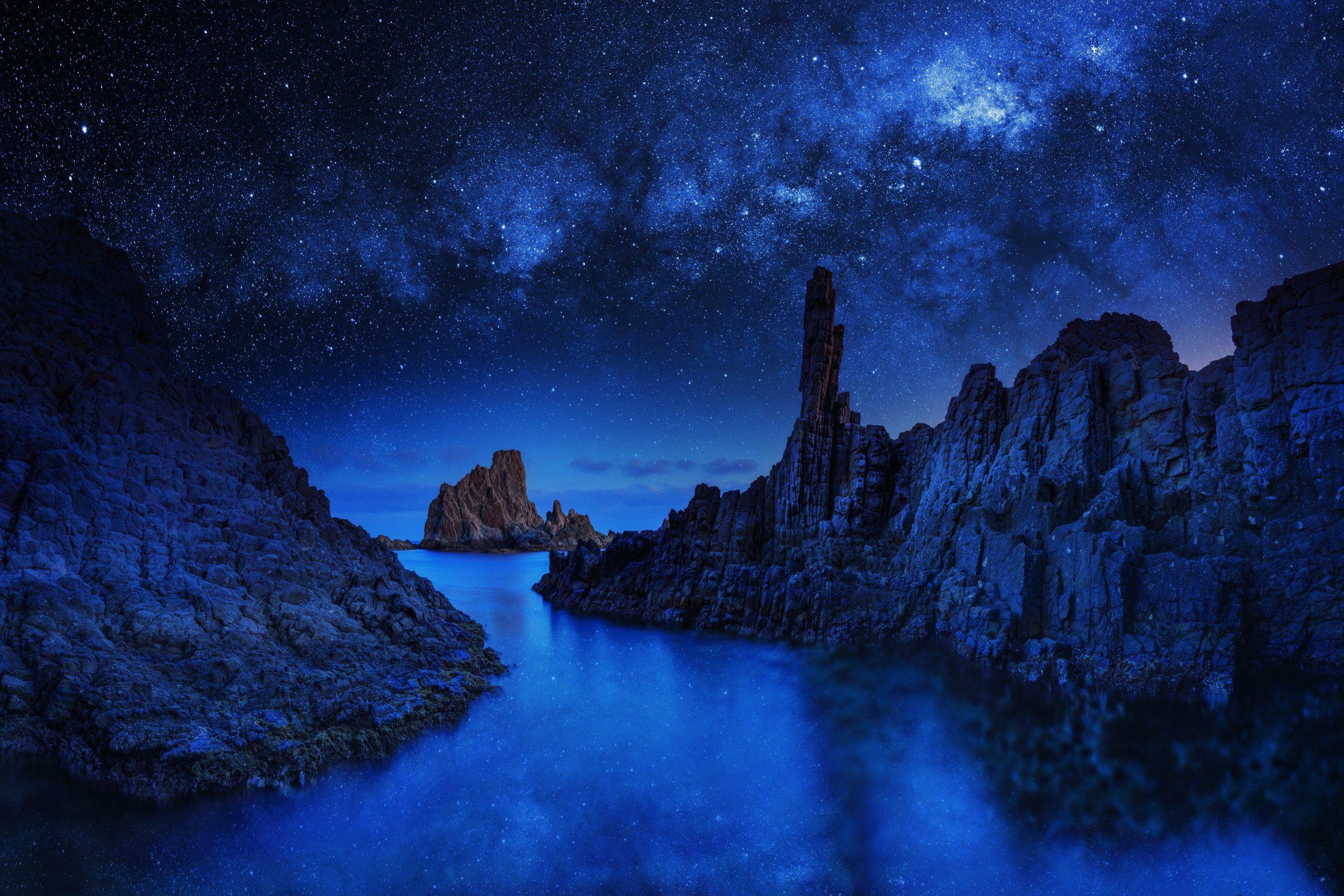 River Near Mountains In Night View Wallpapers