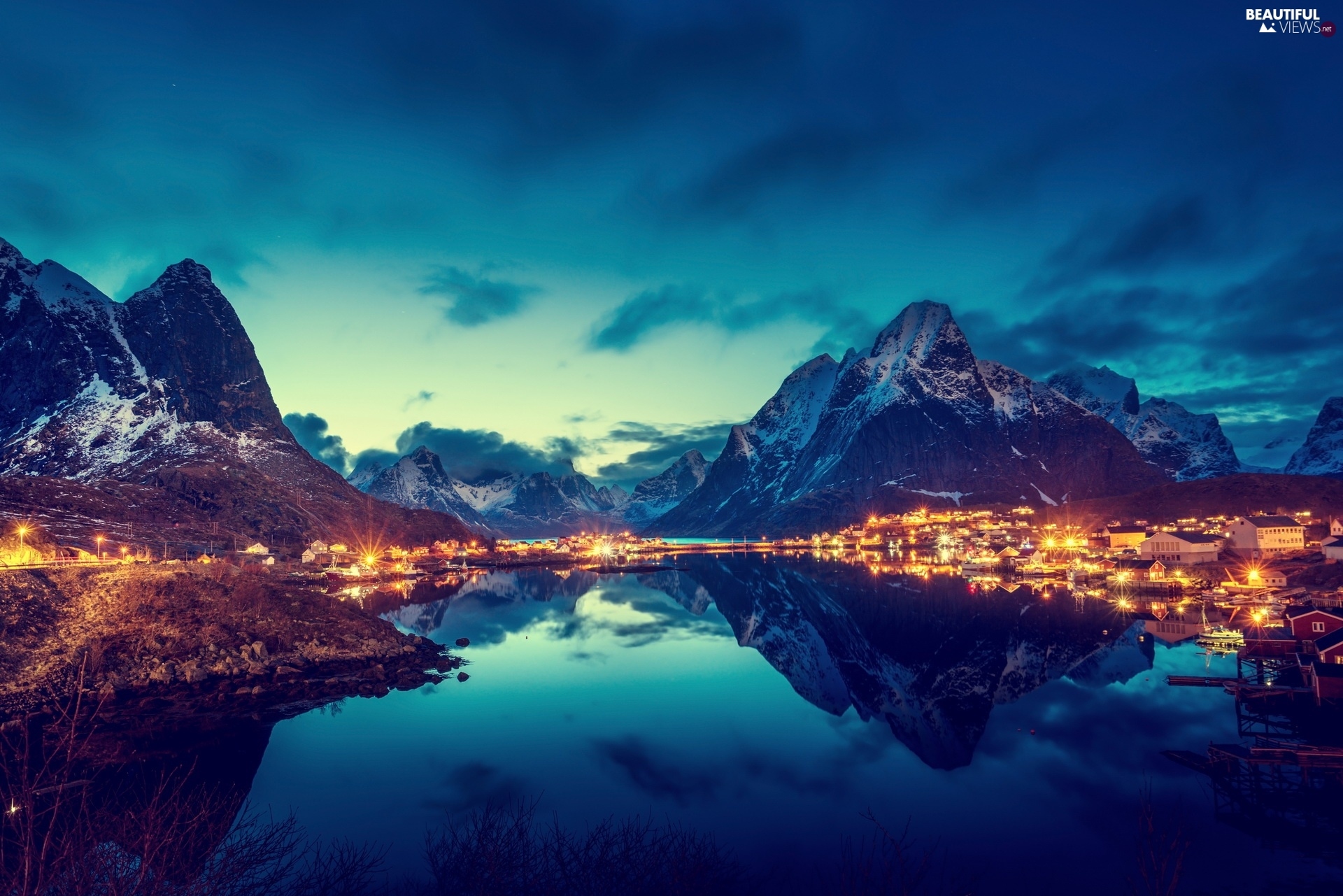 River Near Mountains In Night View Wallpapers