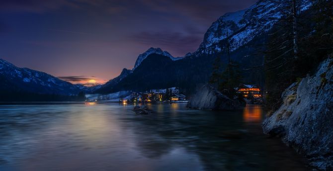 River Near Mountains In Night View Wallpapers