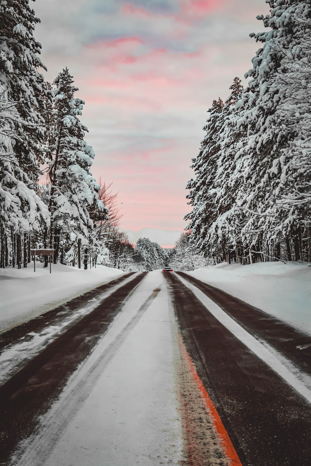 Road Between Snow Covered Trees Wallpapers