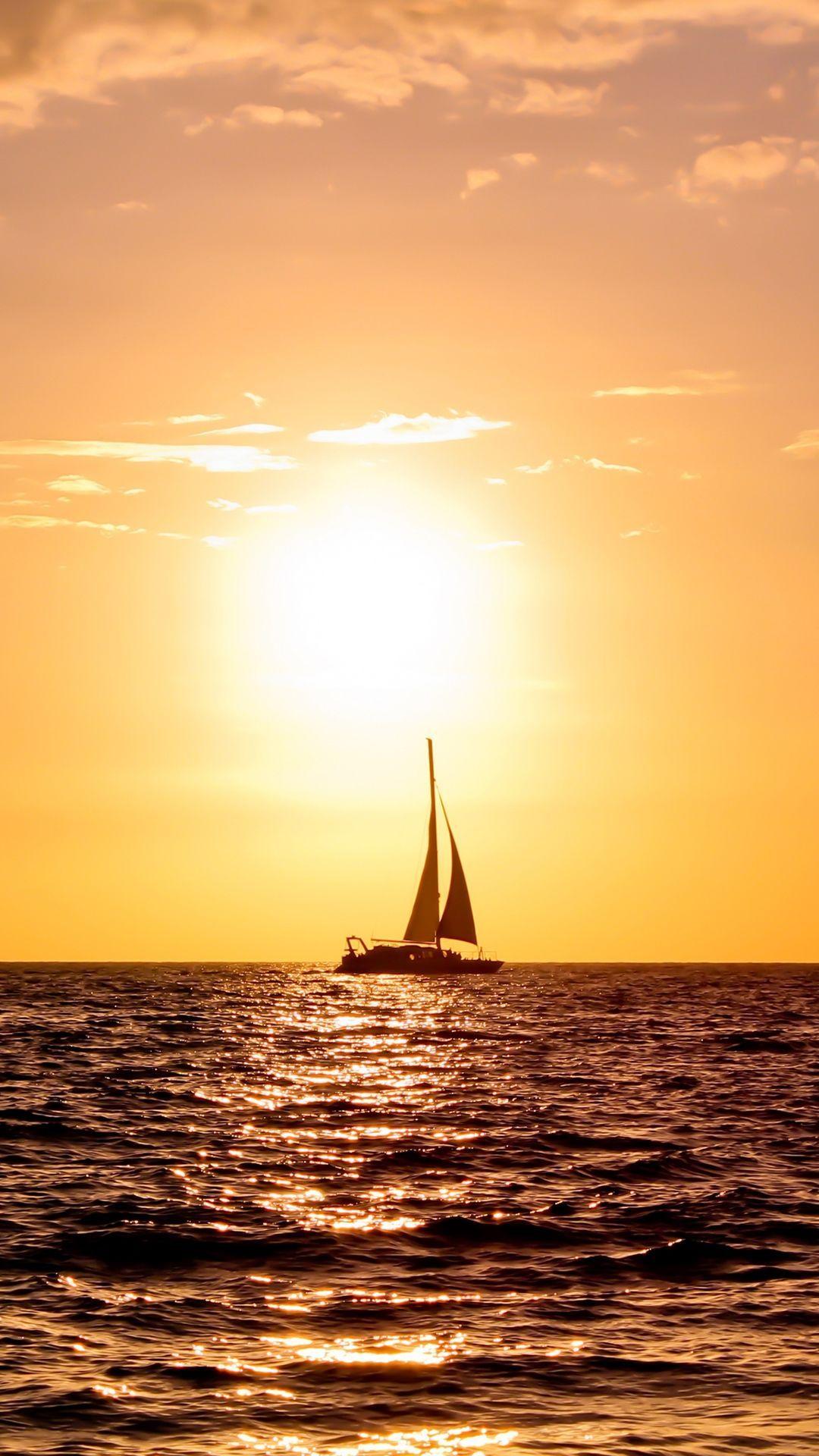 Sailboat Sunset Island In Ocean Wallpapers