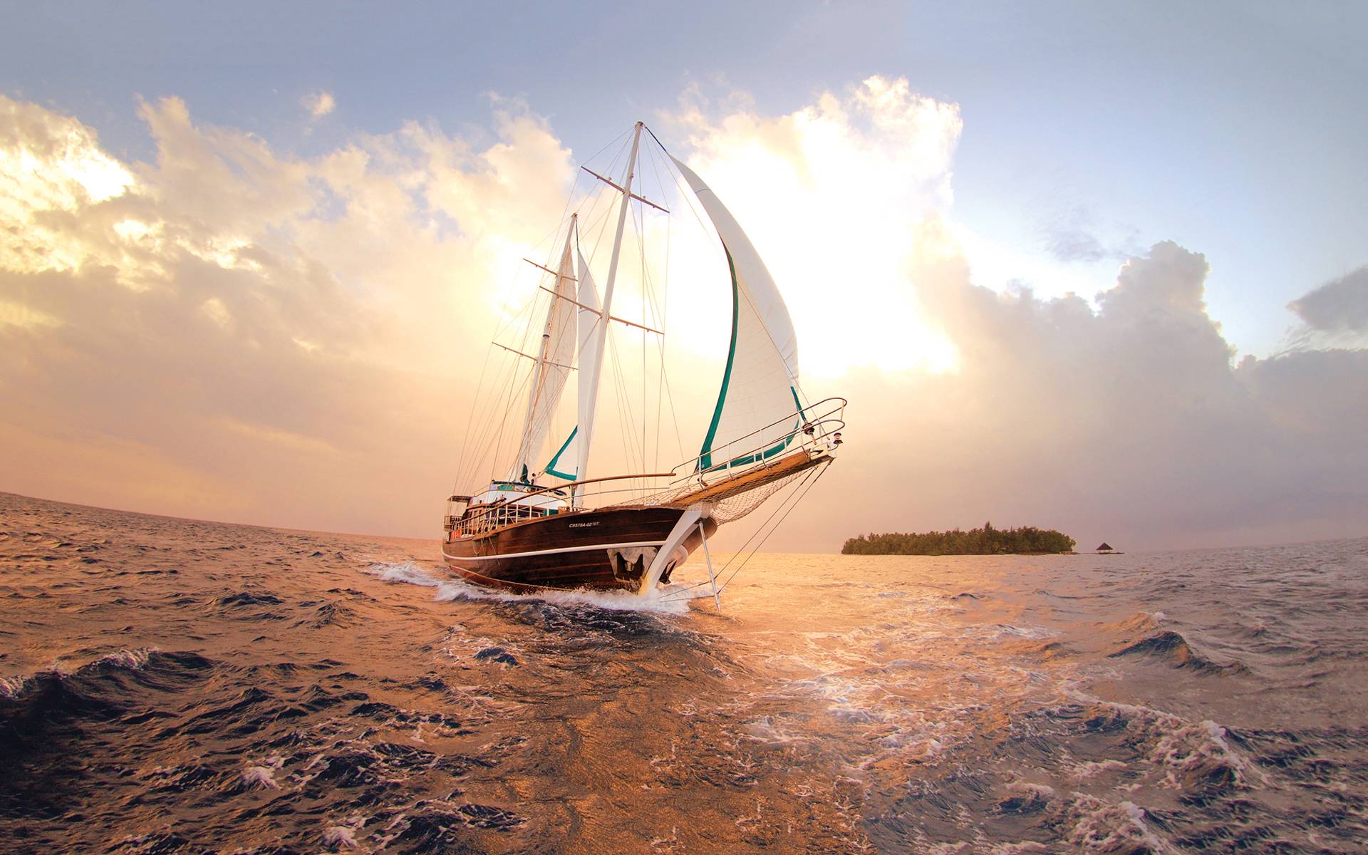 Sailboat Sunset Island In Ocean Wallpapers