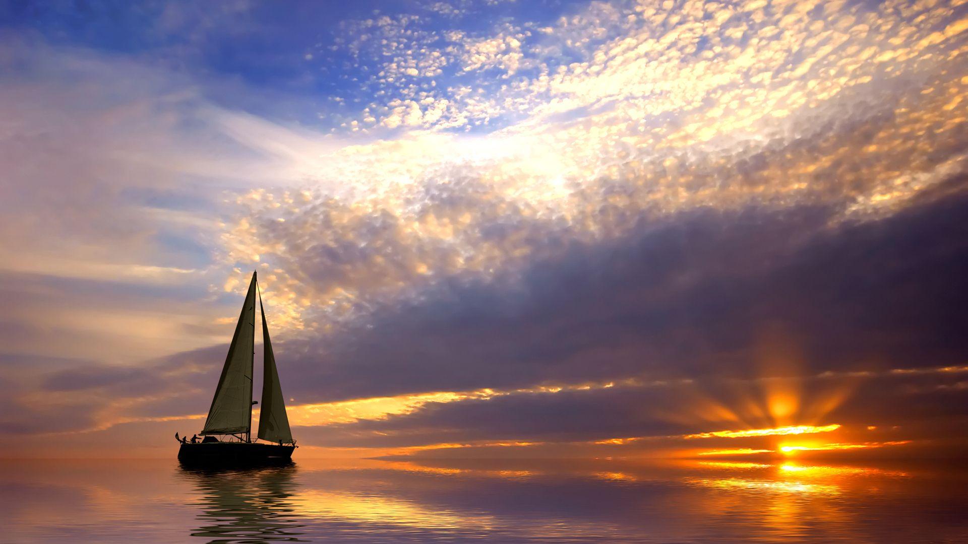 Sailboat Sunset Island In Ocean Wallpapers