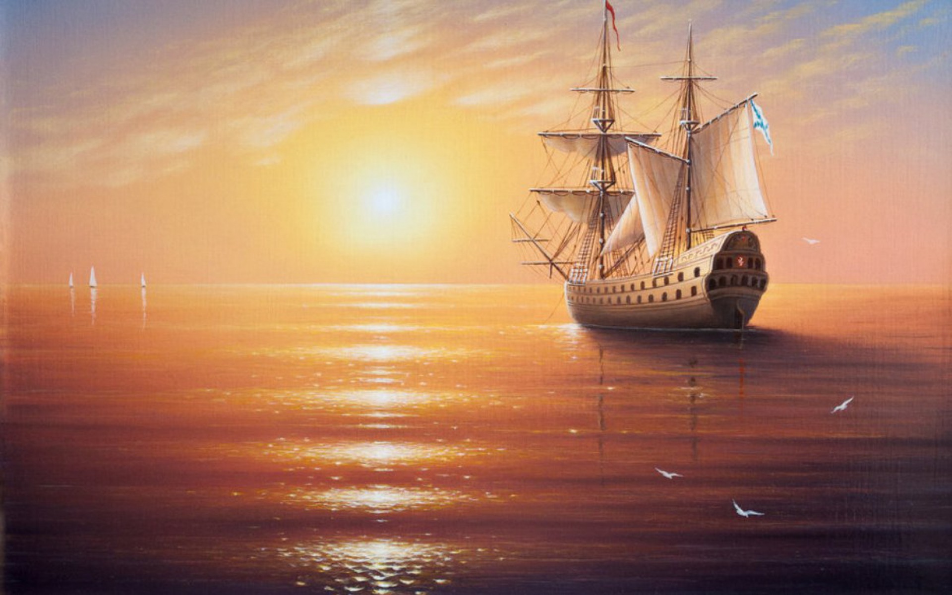 Sailing Ship In Purple Ocean Wallpapers