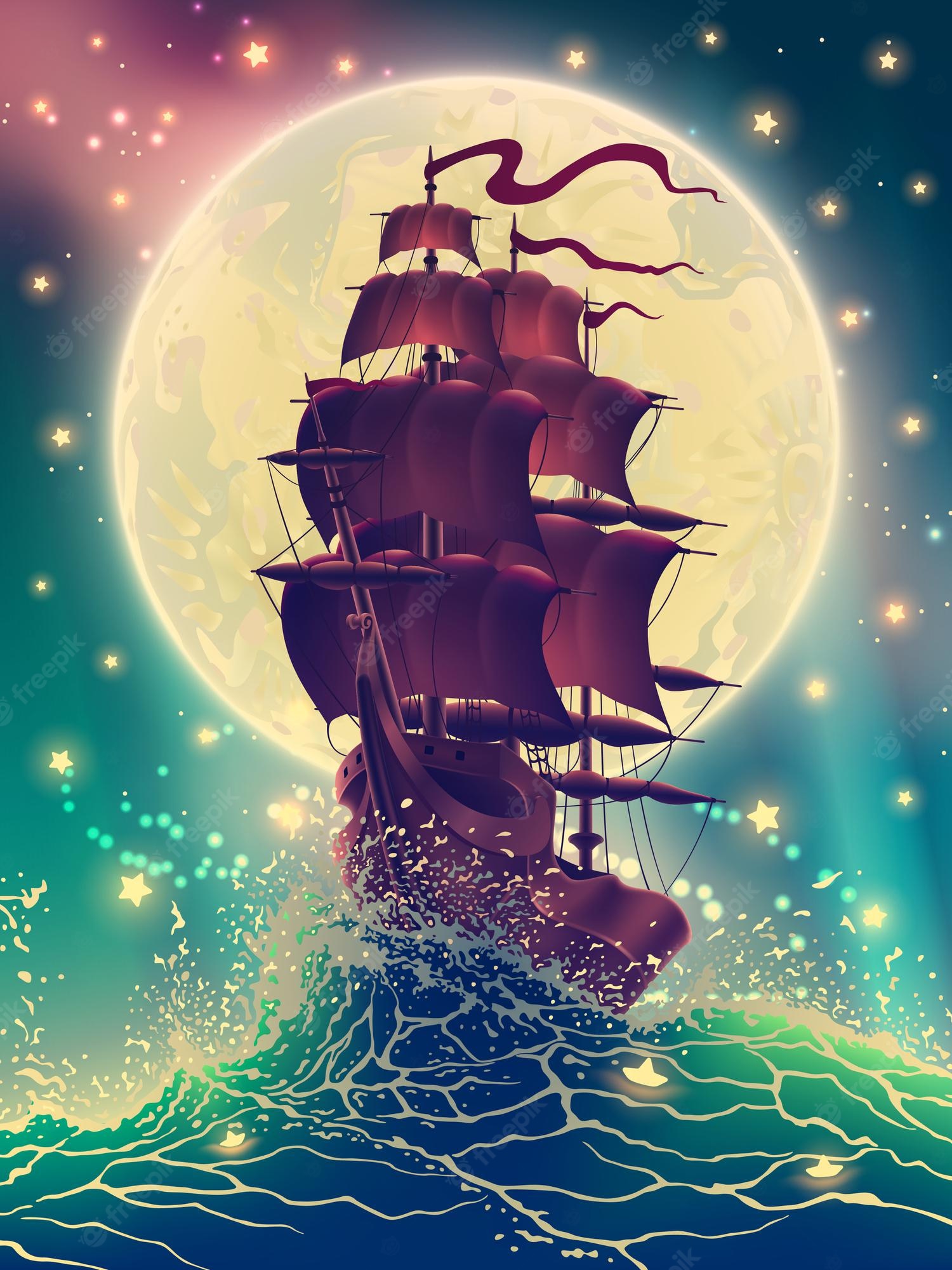 Sailing Ship In Purple Ocean Wallpapers