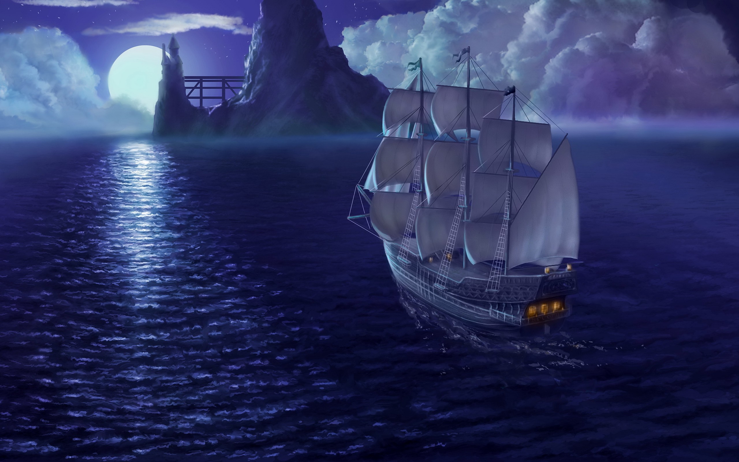 Sailing Ship In Purple Ocean Wallpapers