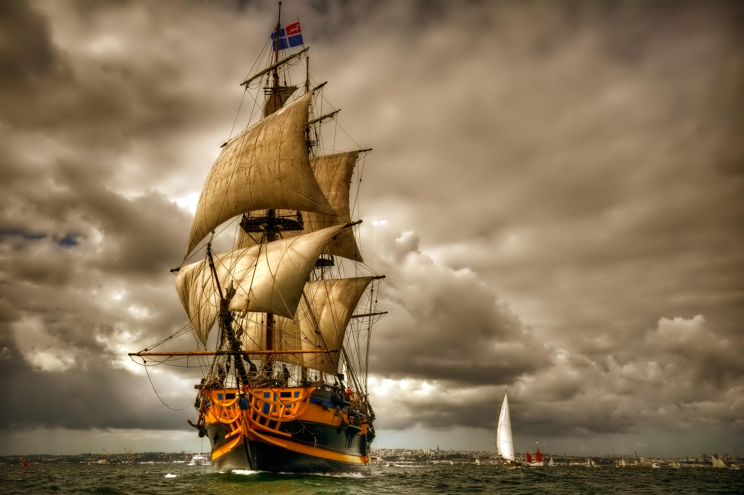 Sailing Ship In Purple Ocean Wallpapers