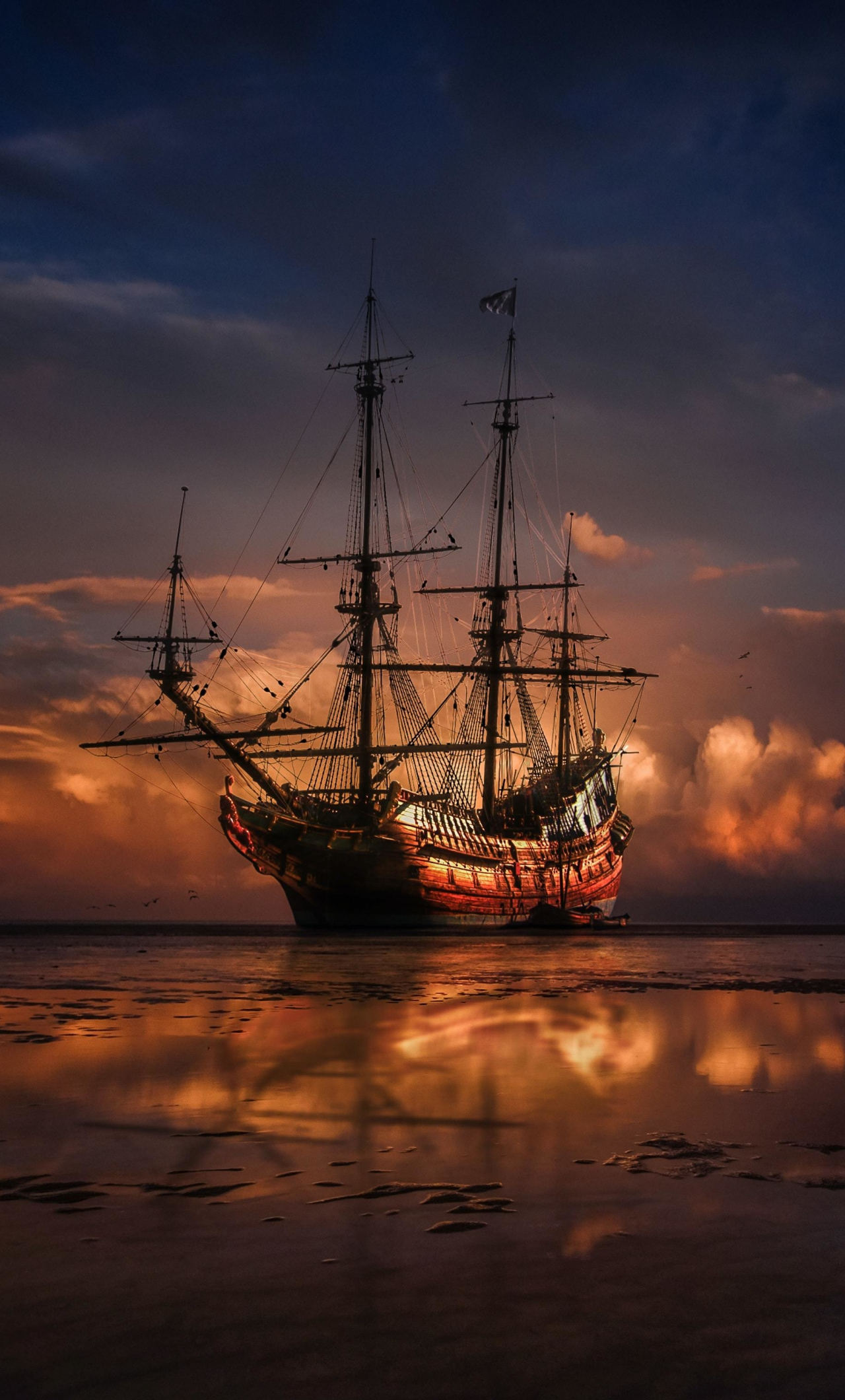 Sailing Ship In Purple Ocean Wallpapers