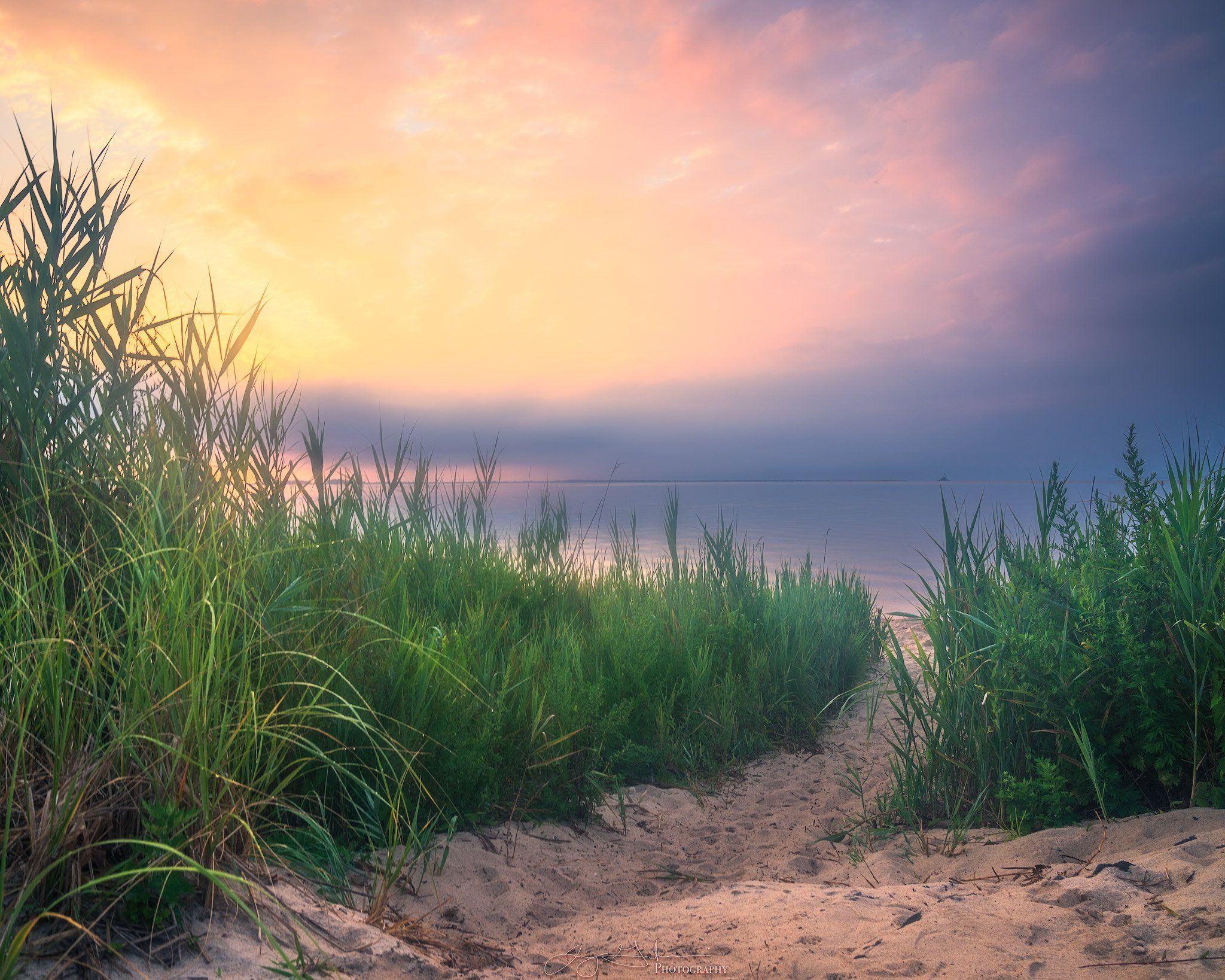 Sand And Pathway To Sea Under Cloudy Sunset Wallpapers
