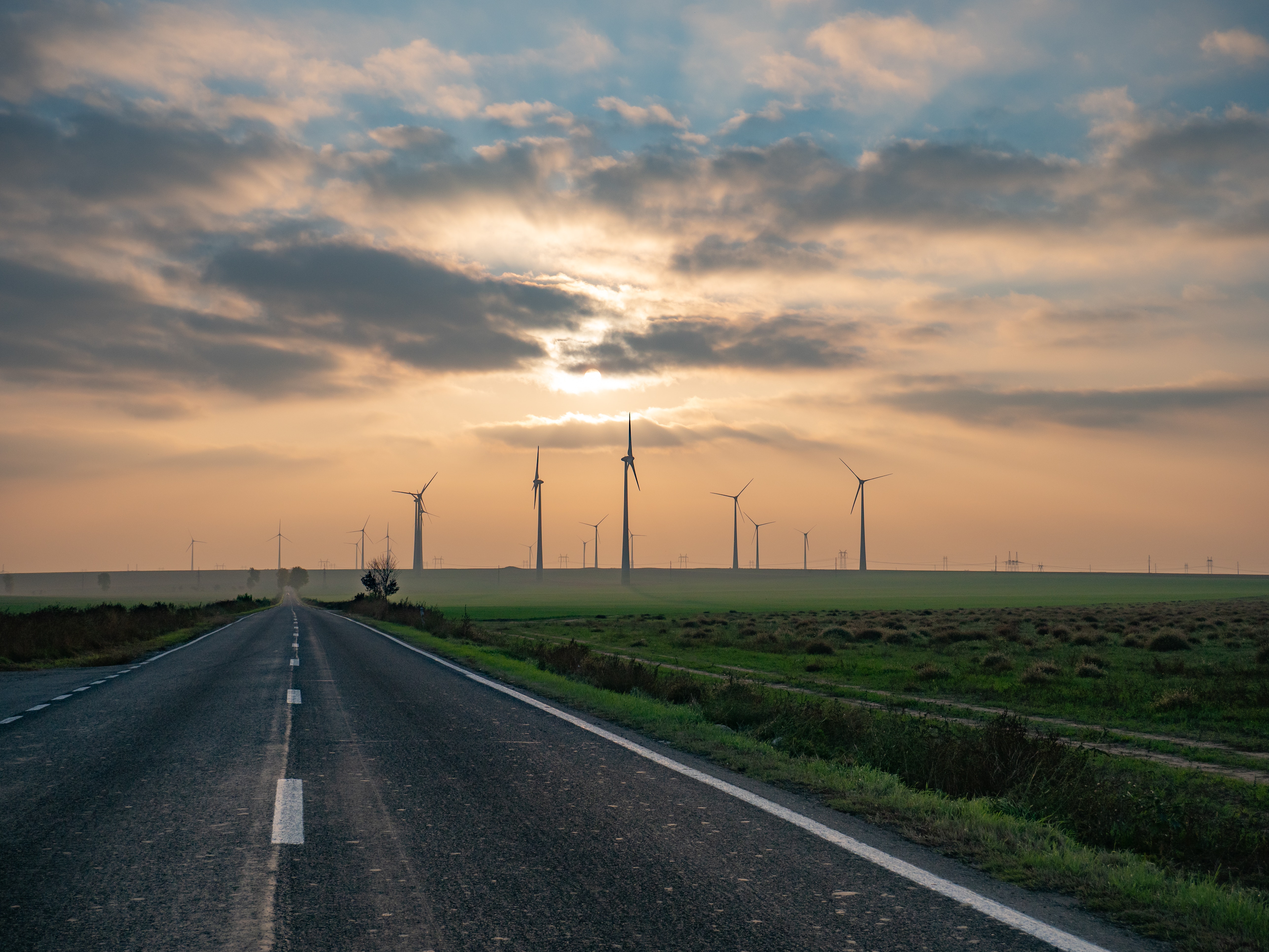 Sunrise Wind Turbine Road Sky Wallpapers