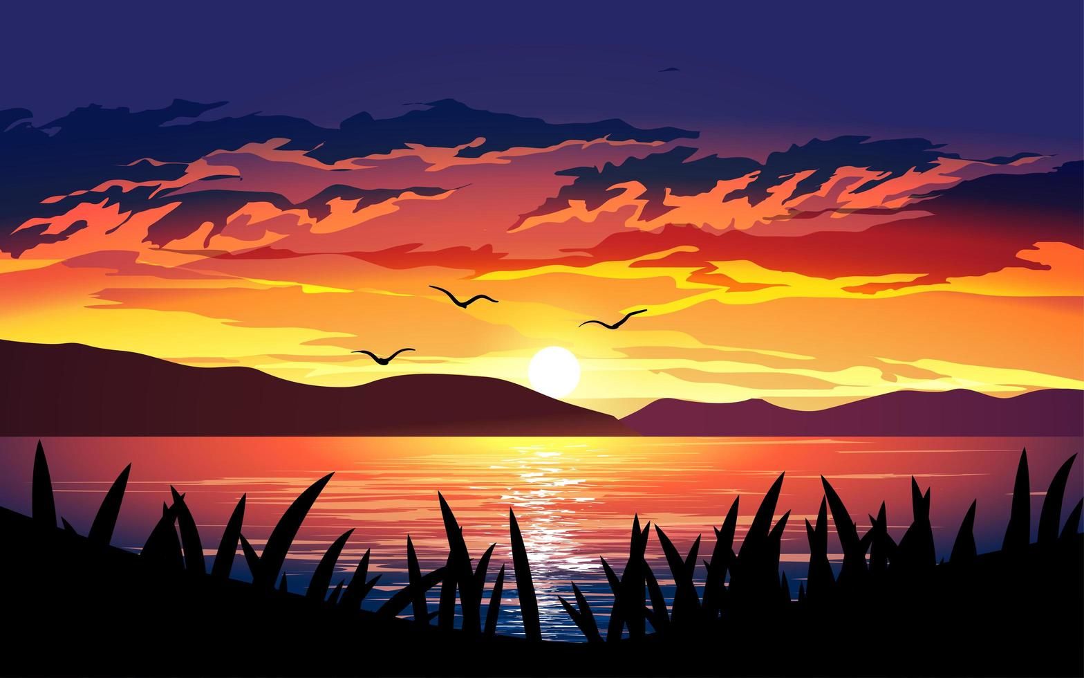 Sunset On The Lake Drawing Wallpapers