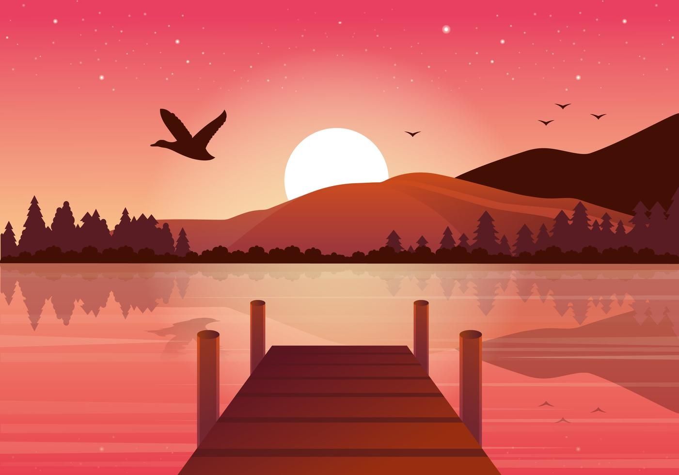 Sunset On The Lake Drawing Wallpapers