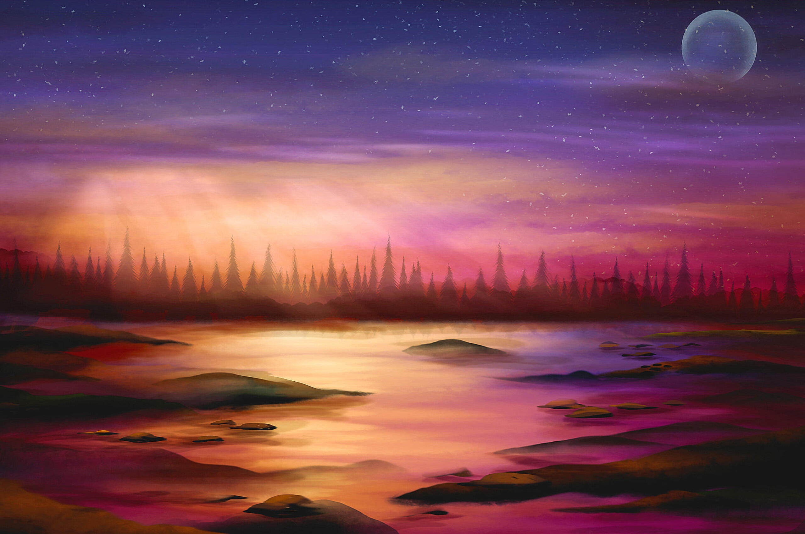 Sunset On The Lake Drawing Wallpapers