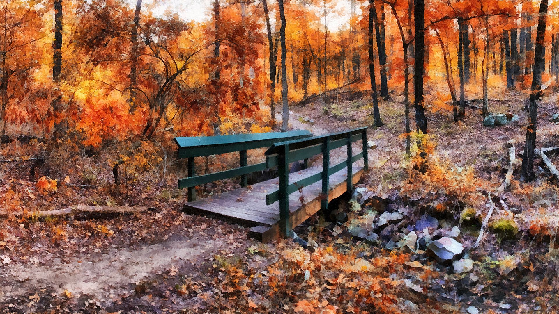 Wood Bridge Forest In Fall Wallpapers