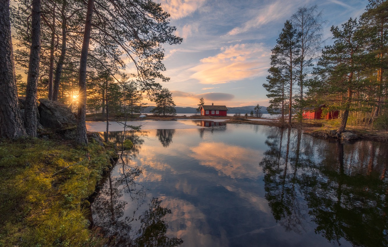 Norway Forest Reflection And Hills House Wallpapers