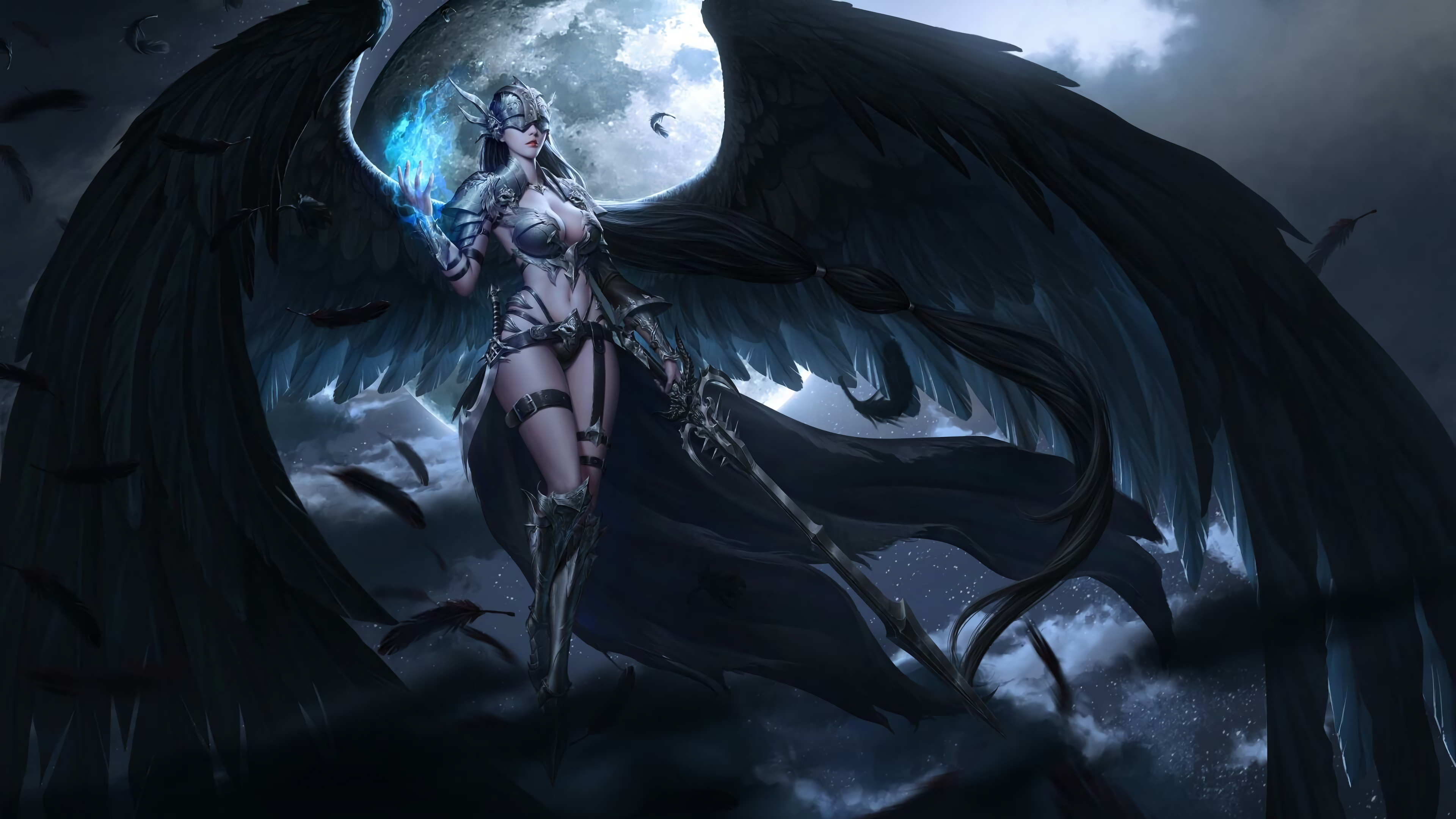 4K Angel In Moon Night Wallpapers