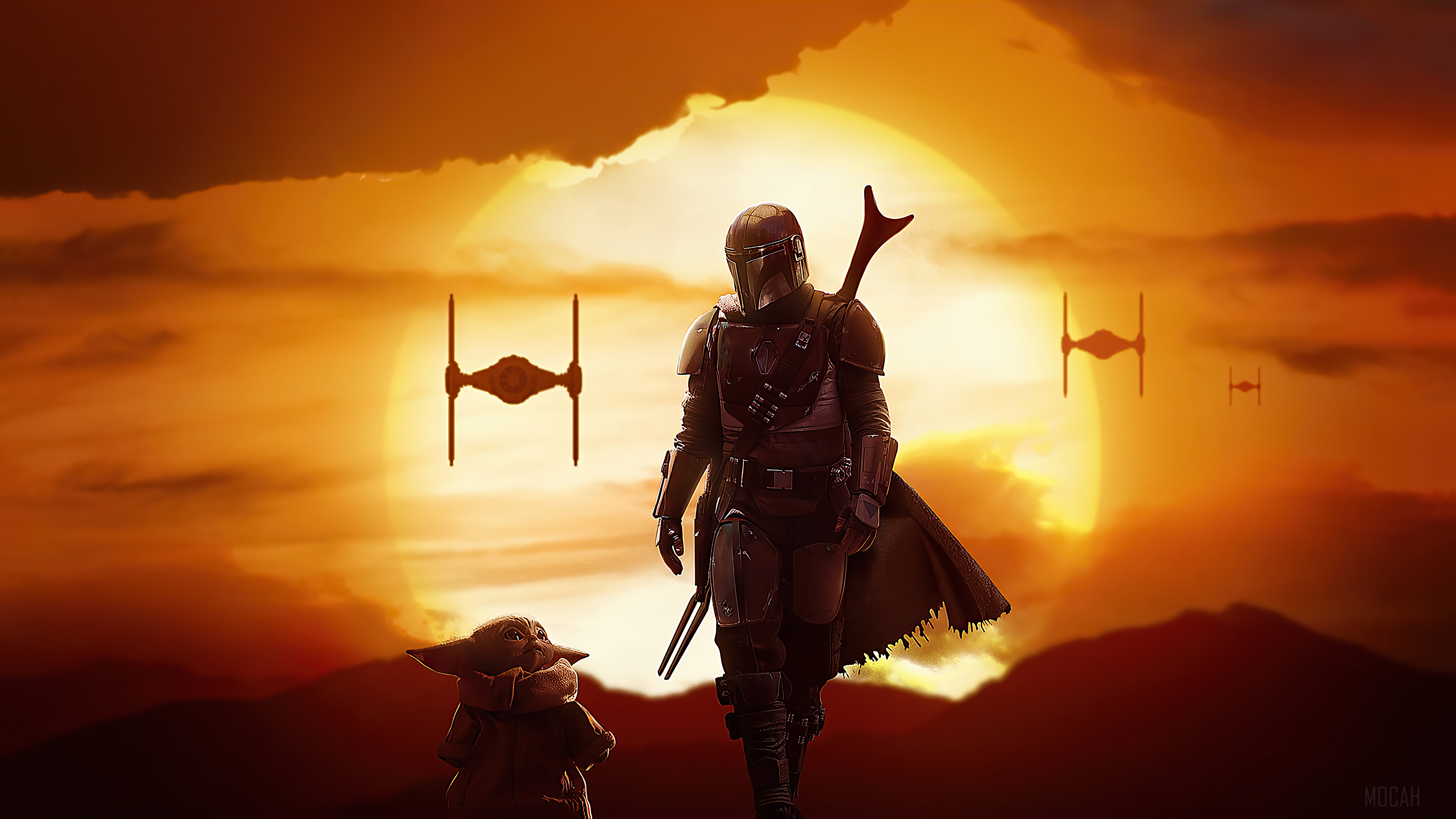 Baby Yoda And Mandalorian 4K Art Wallpapers