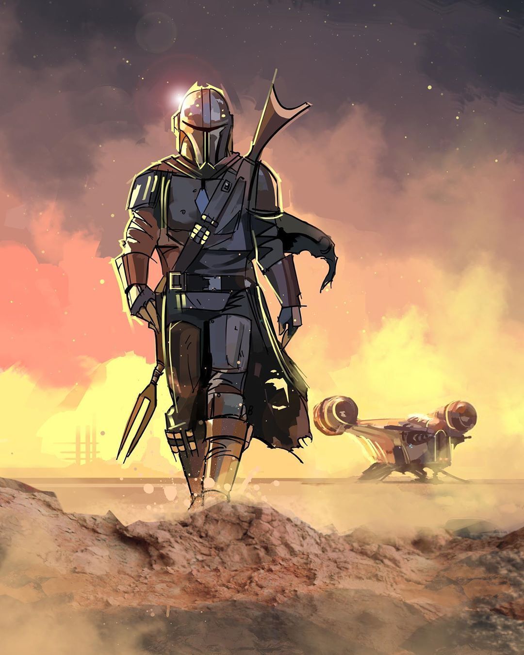 Baby Yoda And Mandalorian 4K Art Wallpapers