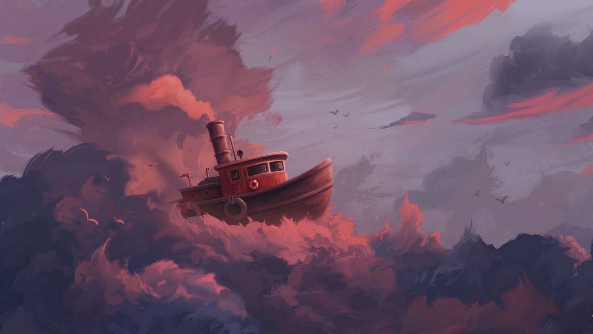 Boat And Red Cloud Art Wallpapers