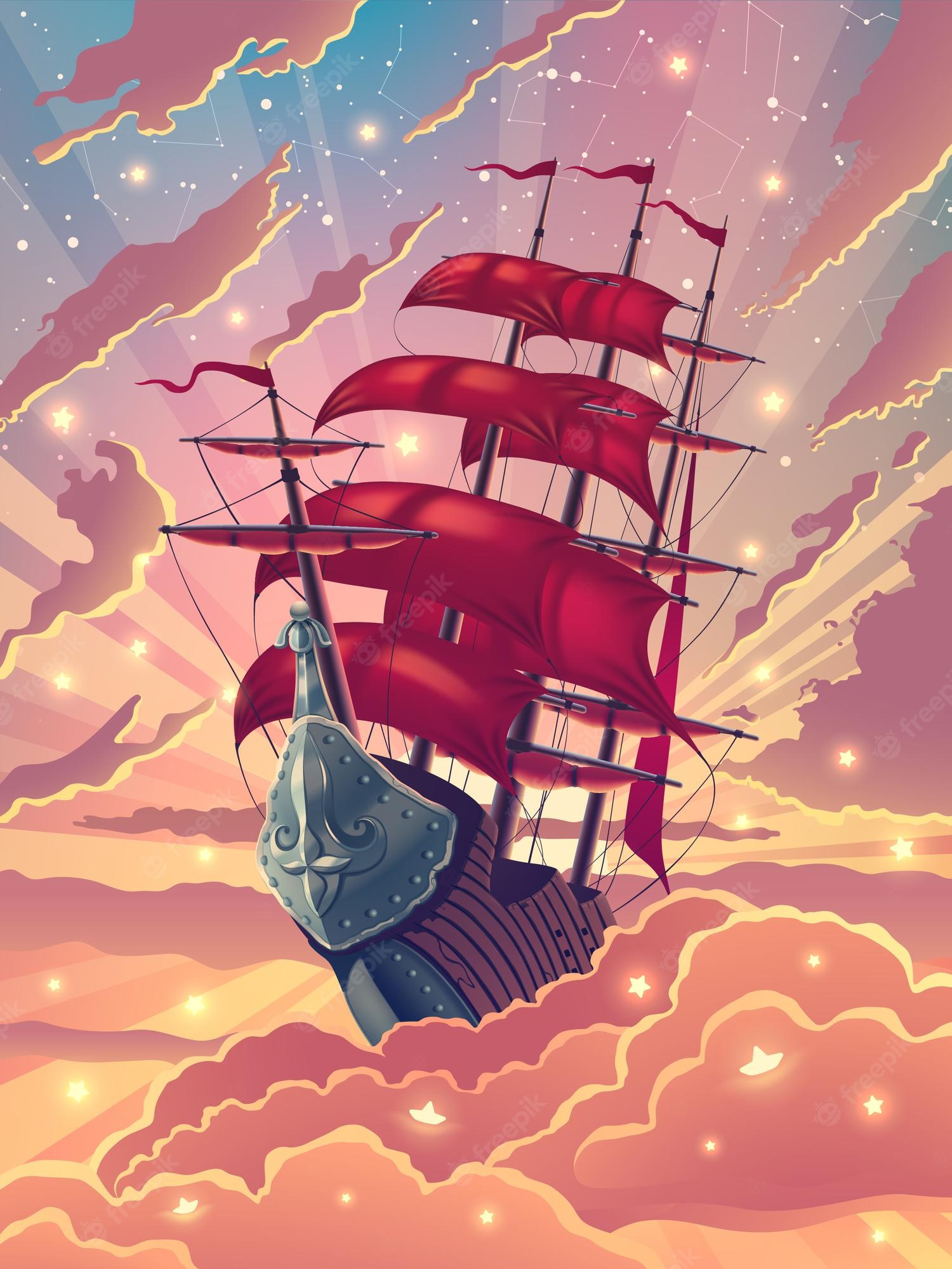 Boat And Red Cloud Art Wallpapers